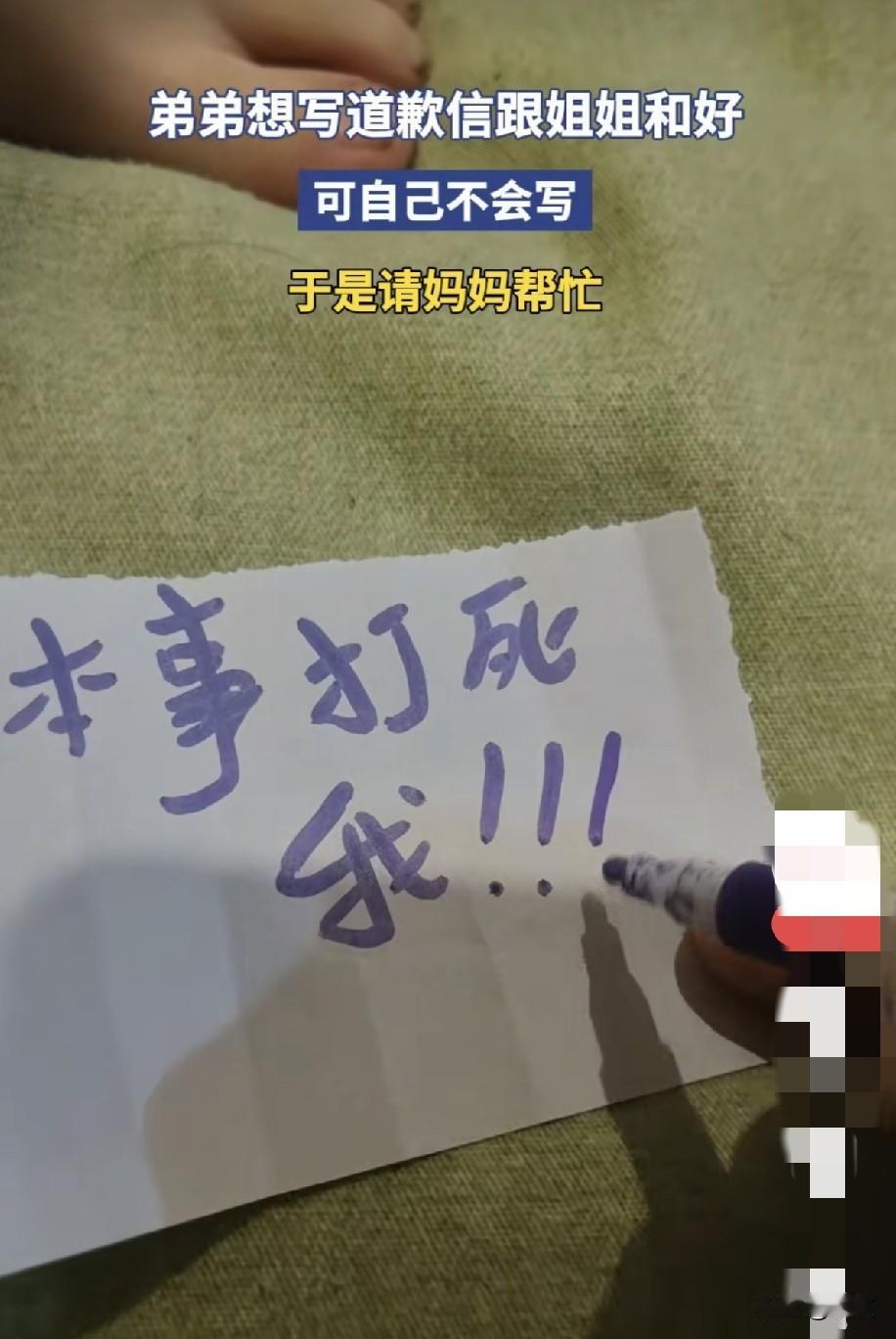 哈哈哈哈，这个妈妈也太坏了，真是看热闹不嫌事大呀。弟弟想给姐姐写道歉信，但又不