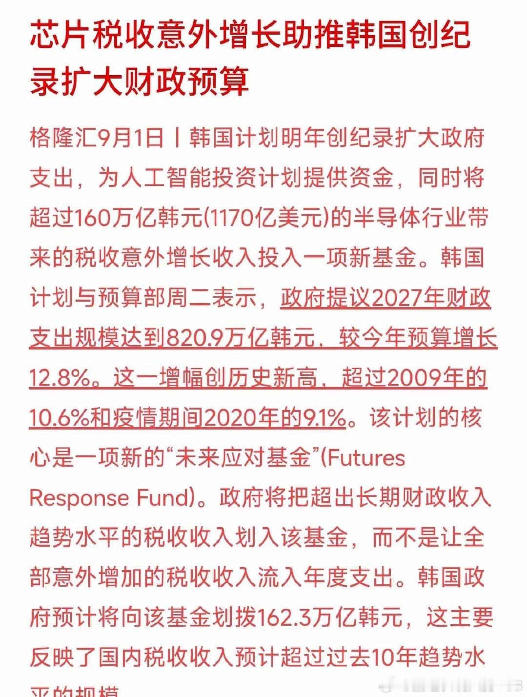 韩国政府迎来一笔意外财政收入，来自芯片行业带来的超额税收。韩国计划2027年财政支出820.9万亿韩