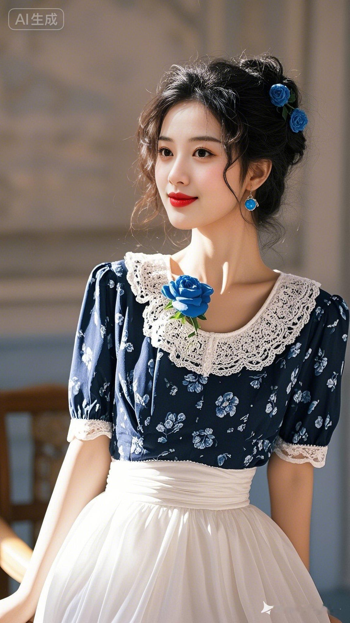 优雅蓝裙，复古蕾丝，红唇蓝花，浪漫时光！