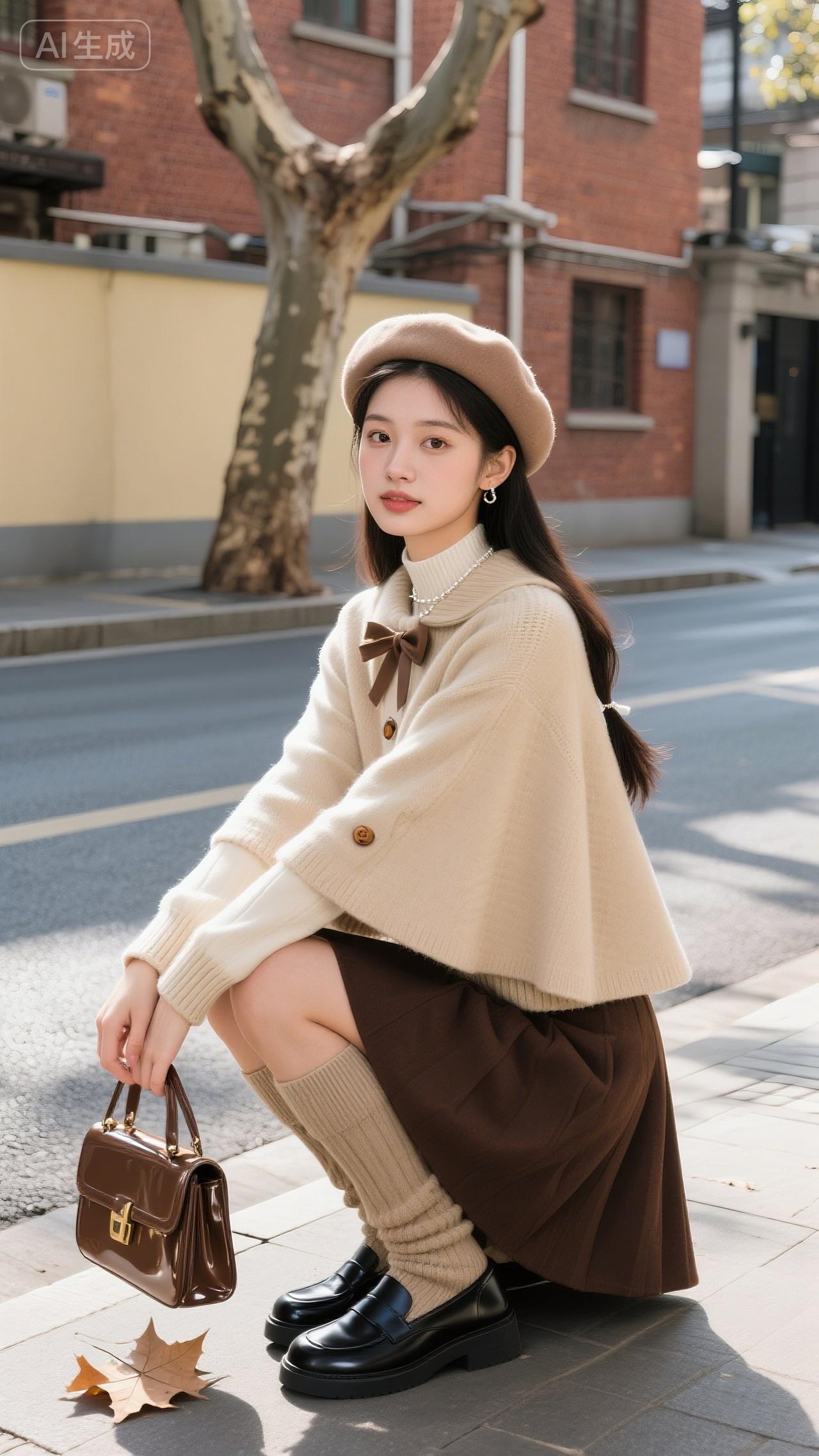 梧桐街的秋阳里，驼色贝雷帽配斗篷毛衣，蝴蝶结垂着软甜，连落叶都跟着沾了复古的温柔