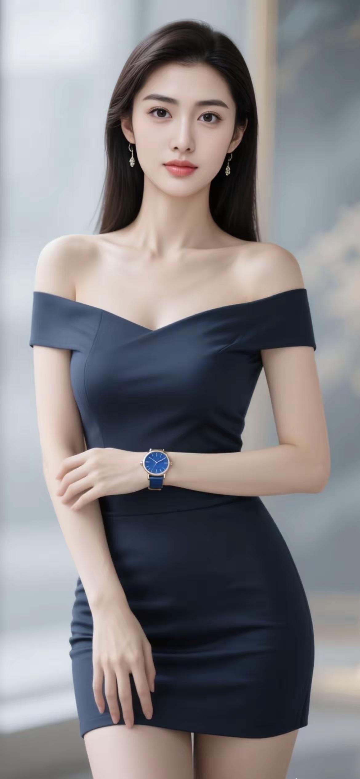 美女：黑白分明，腰细手长，动作优美，女人味足，脸蛋迷人，散发柔顺，青春亮丽，仙女