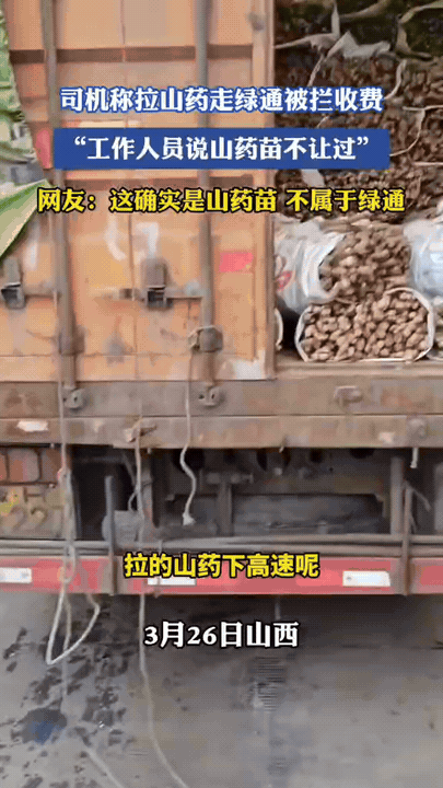 山西，一货车司机拉了一车山药，想走绿通免费，可工作人员检查后，说车里的根本不是山