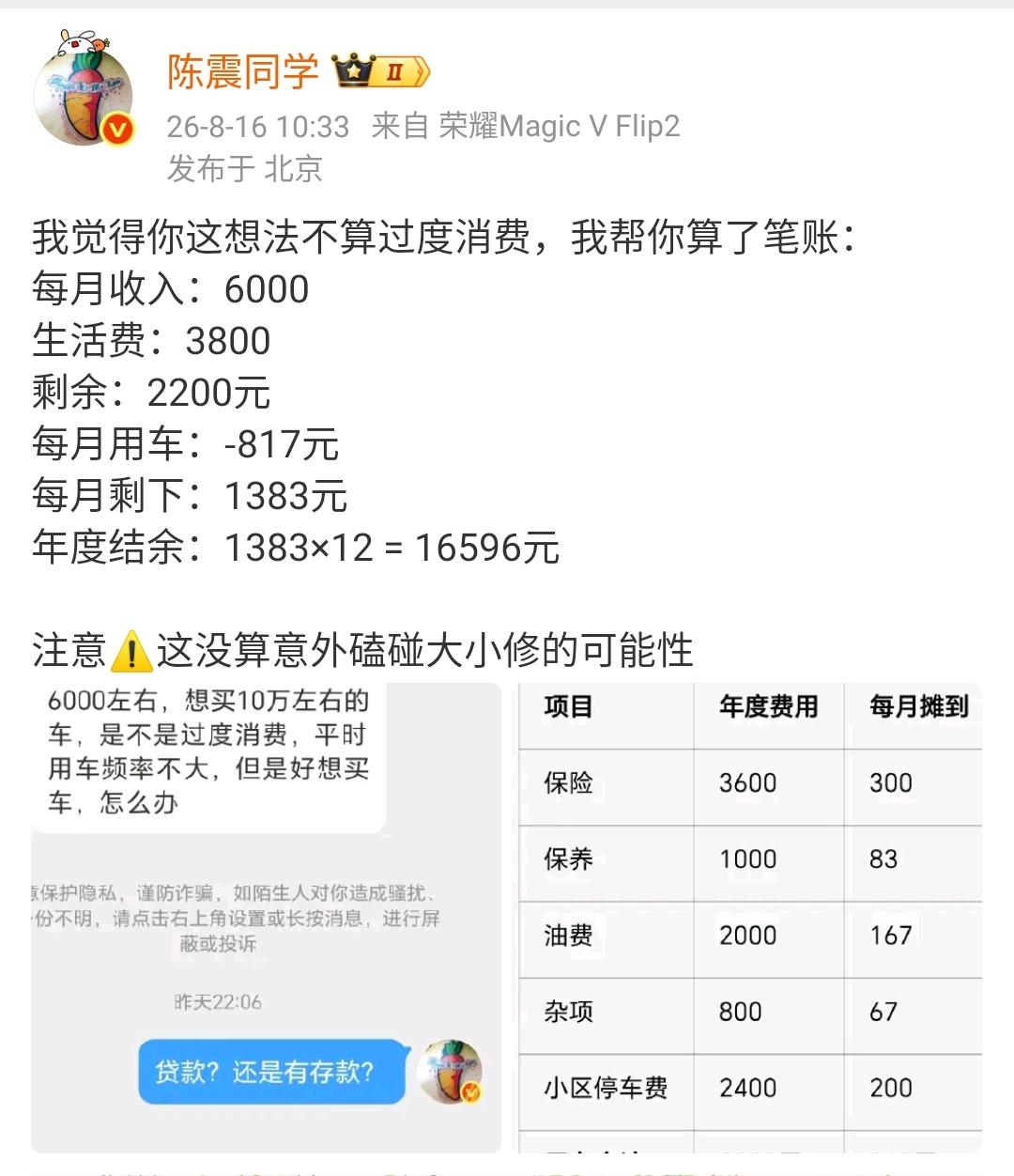 陈震：我觉得月薪6000，买10万的车不算过度消费！我觉得你这想法不算过度消