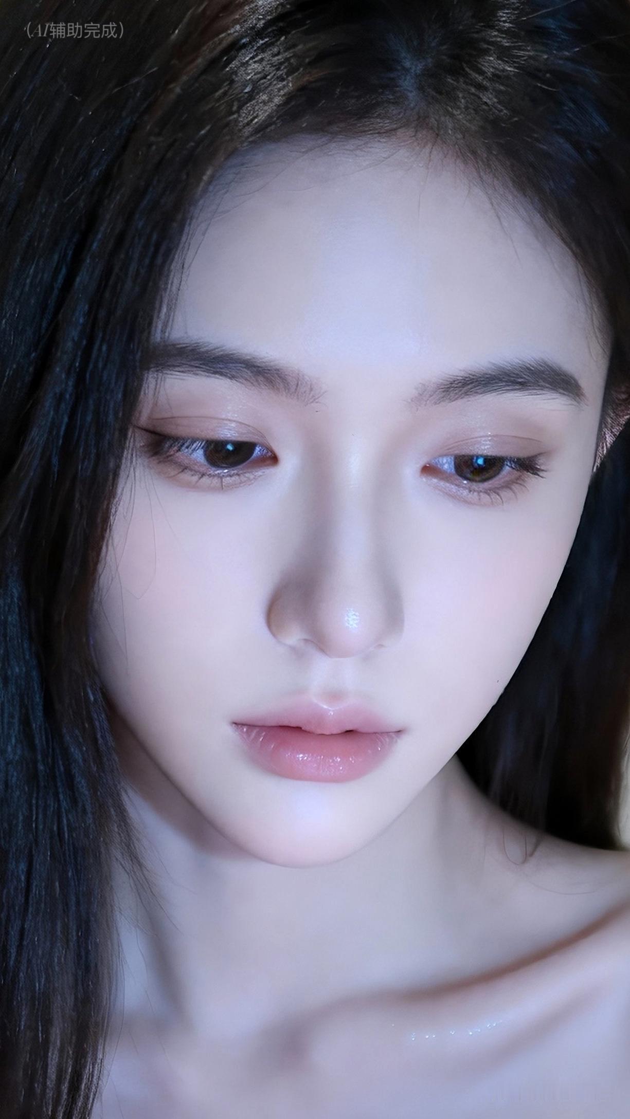 乌发如绸垂落泛柔光，白皙透润似玉。琥珀棕眸低垂藏温柔，睫卷纤长若蝶翼，挺鼻樱唇粉