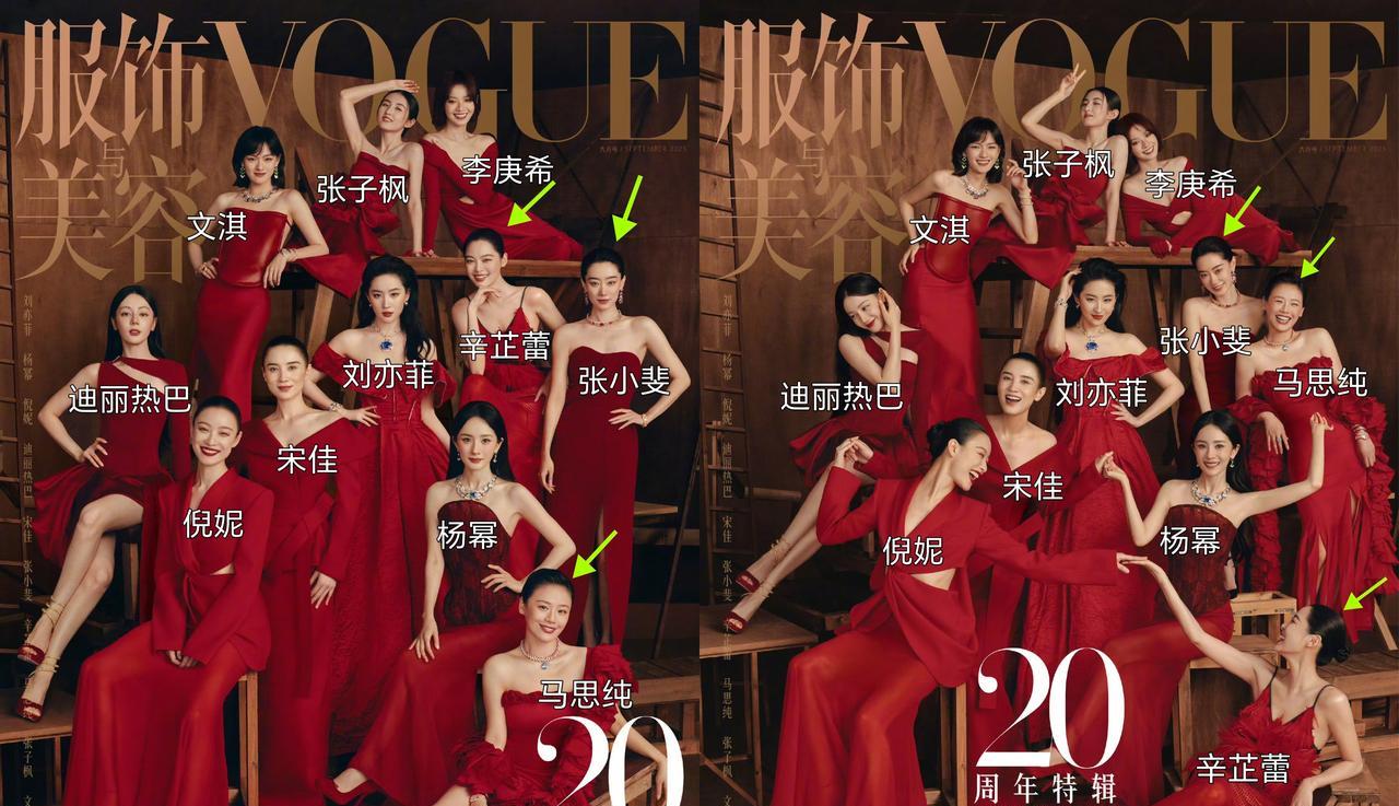 大家注意到了吗？《VOGUE》二十周年金九的两版群像封面中，只有辛芷蕾、马思纯