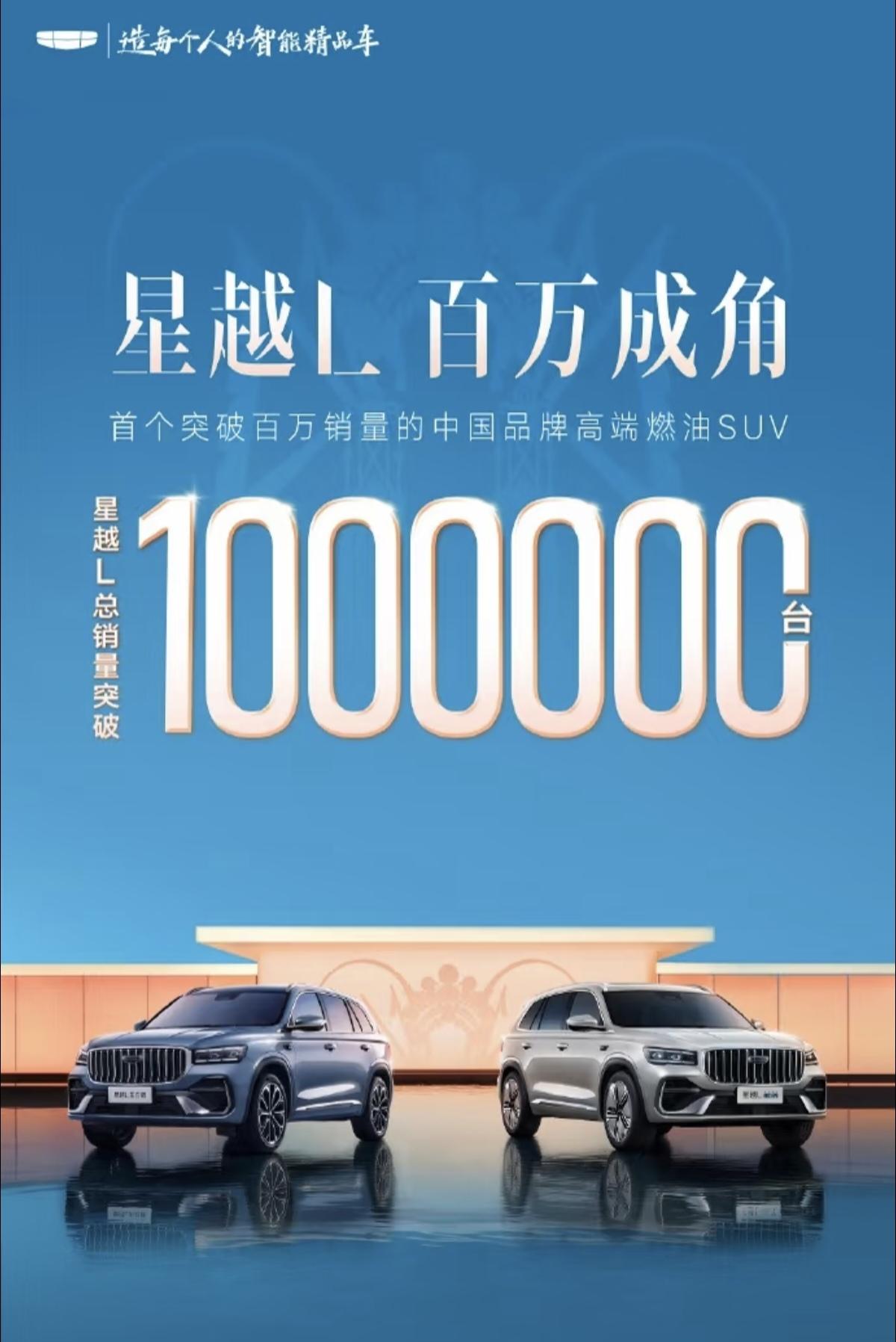 吉利官宣旗下星越L交付突破100万，成为国产第一达成100万的SUV。星越L在