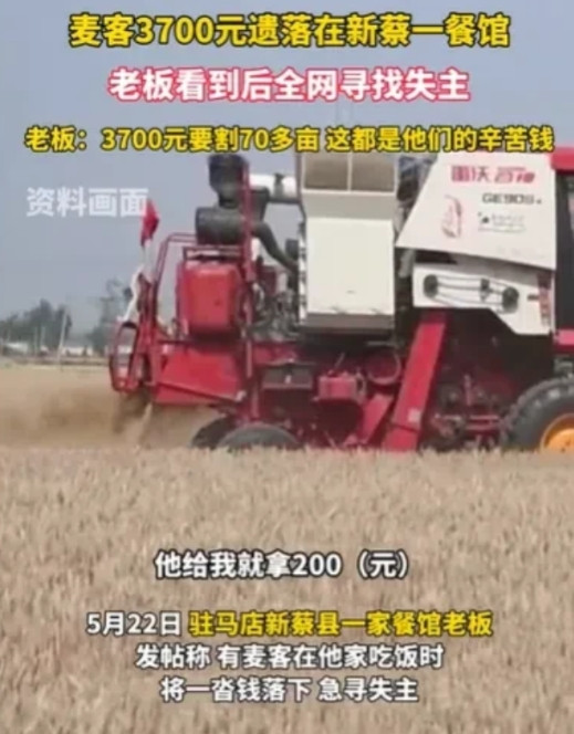 5月22日，河南新蔡，4名麦客收割了70多亩的麦子，挣了3700元，不料在吃饭的