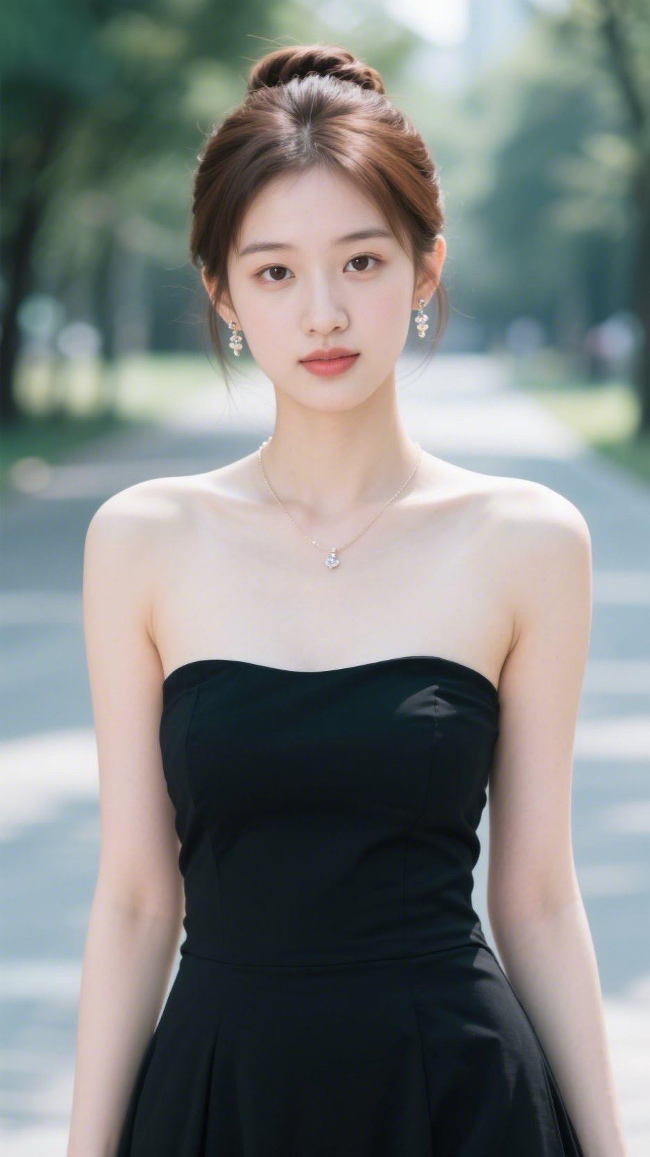 黑裙映绿树，美人如画来。