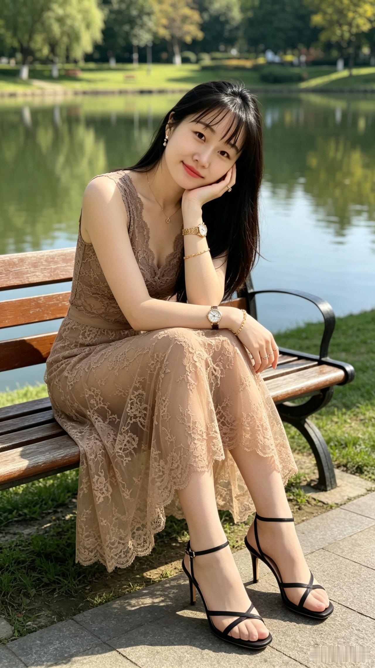 湖畔佳人翠柳平湖映淡光，佳人静坐木堤旁。浅褐蕾丝彰秀骨，玲珑金饰衬轻妆。腕
