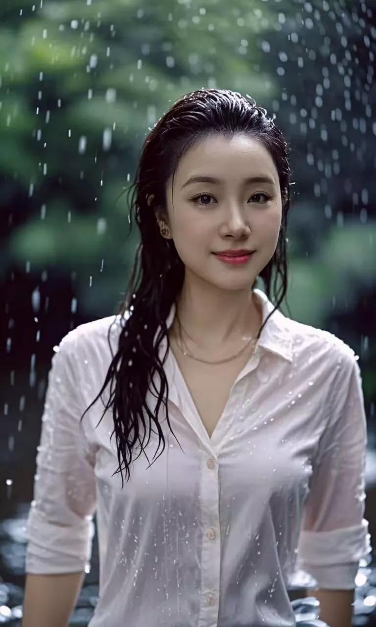 雨中漫步，清新自然，白衬衫的优雅与雨滴的浪漫完美融合。