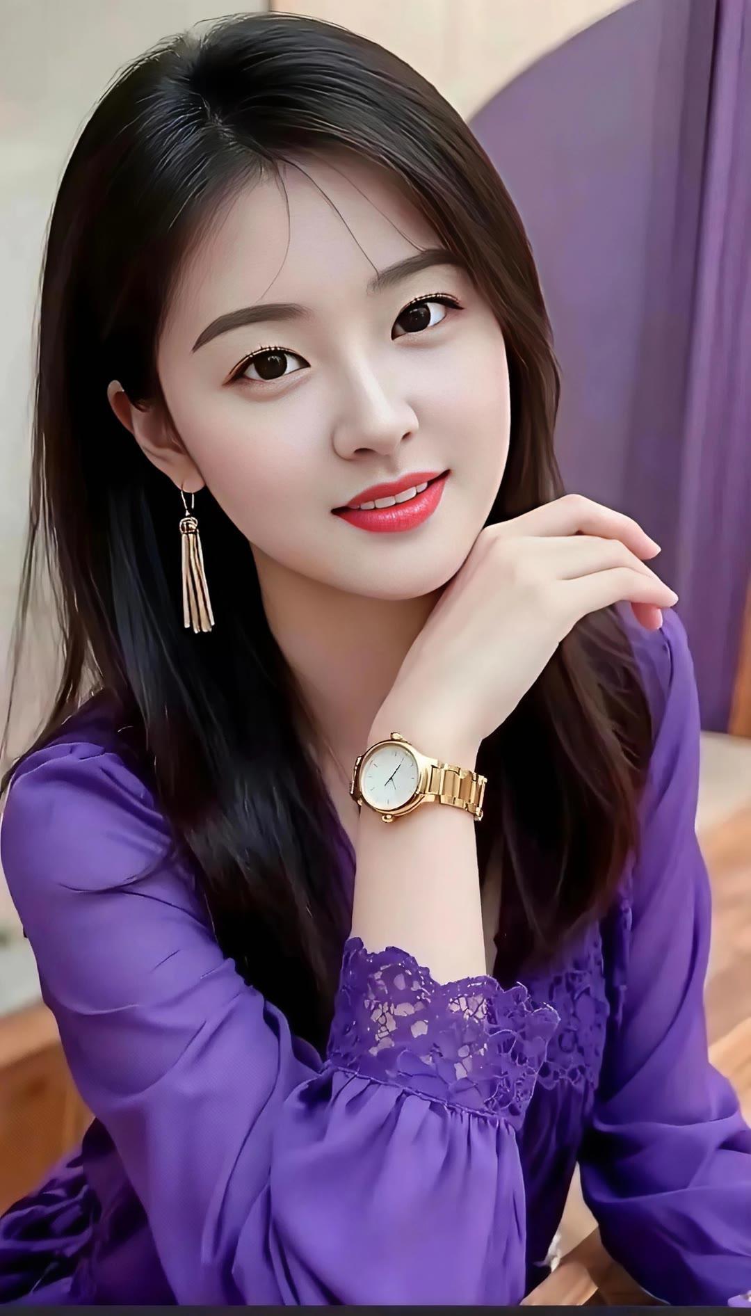 优雅紫调穿搭，精致手表点缀，甜美微笑，尽显时尚魅力！💜👗🕒😊