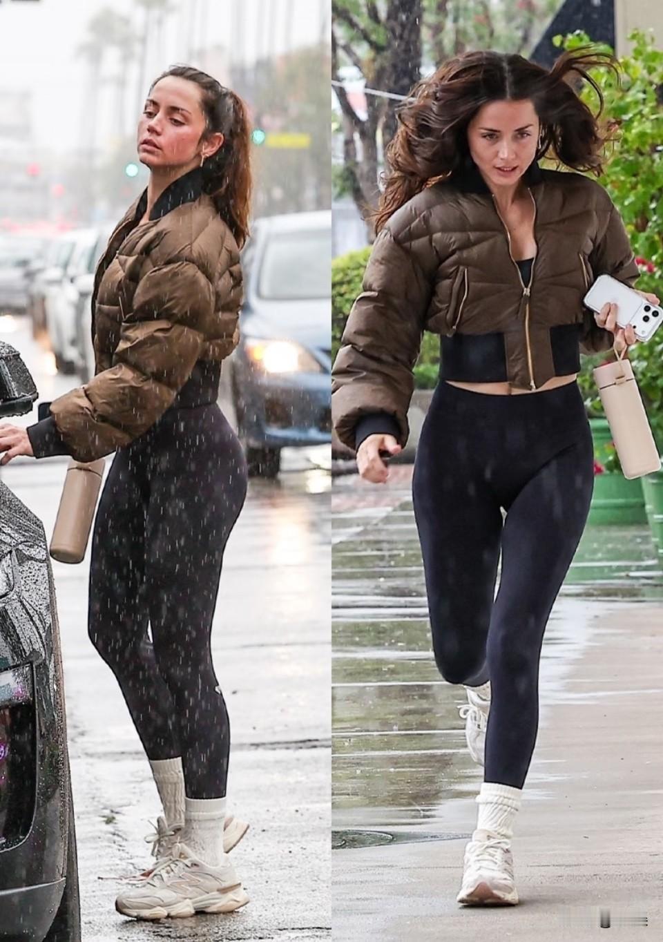 近日，安娜·德·阿玛斯街拍更新。安娜·德·阿玛斯出现在下雨天的圣莫尼卡街头。