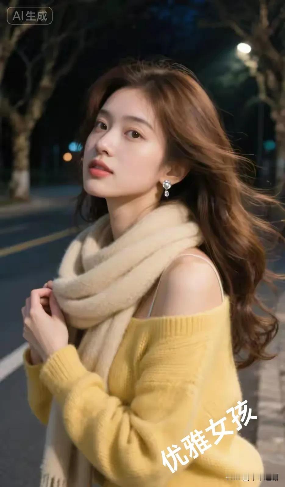 晚风轻拂，将发丝与温柔一同扬起。暖黄毛衣搭配柔肤围巾，在夜色街头，她把优雅酿成了