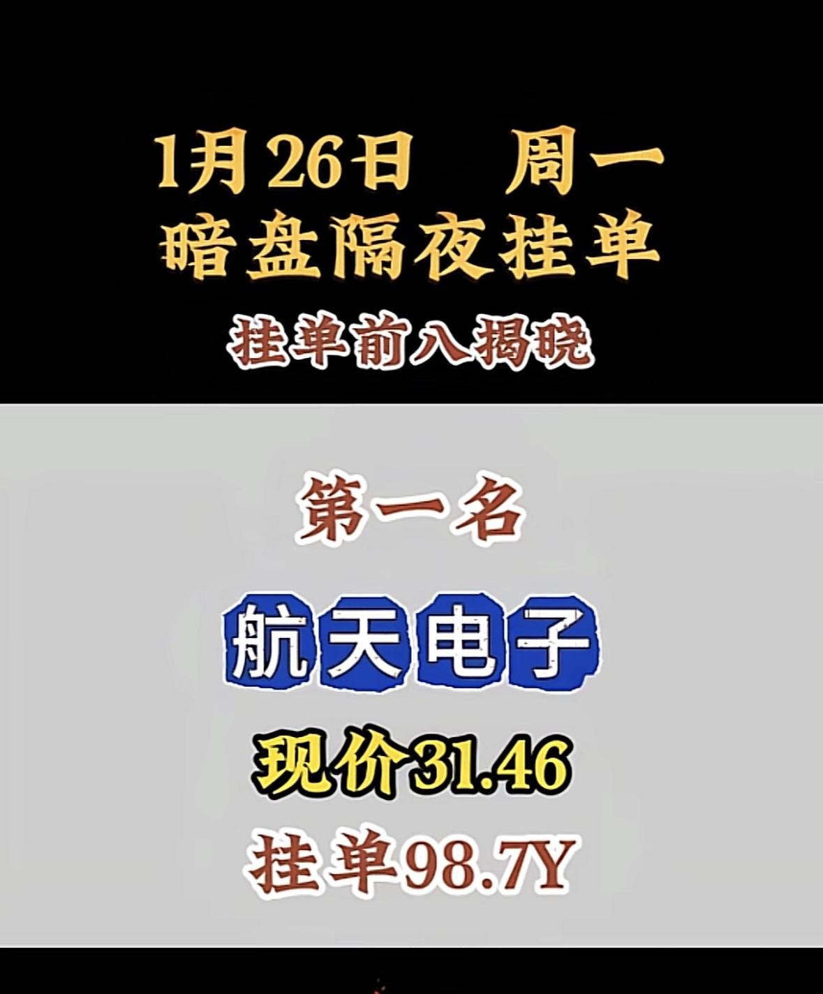 1月26日暗盘隔夜挂单，揭晓第八名金风科技，现价29.58，挂单13.7Y航
