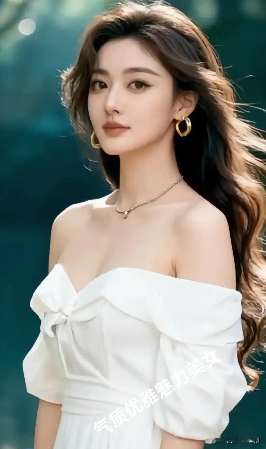 一袭白色露肩长裙，将优雅揉进风里；金饰点缀间，每一缕发丝都在诉说魅力，她是自然与