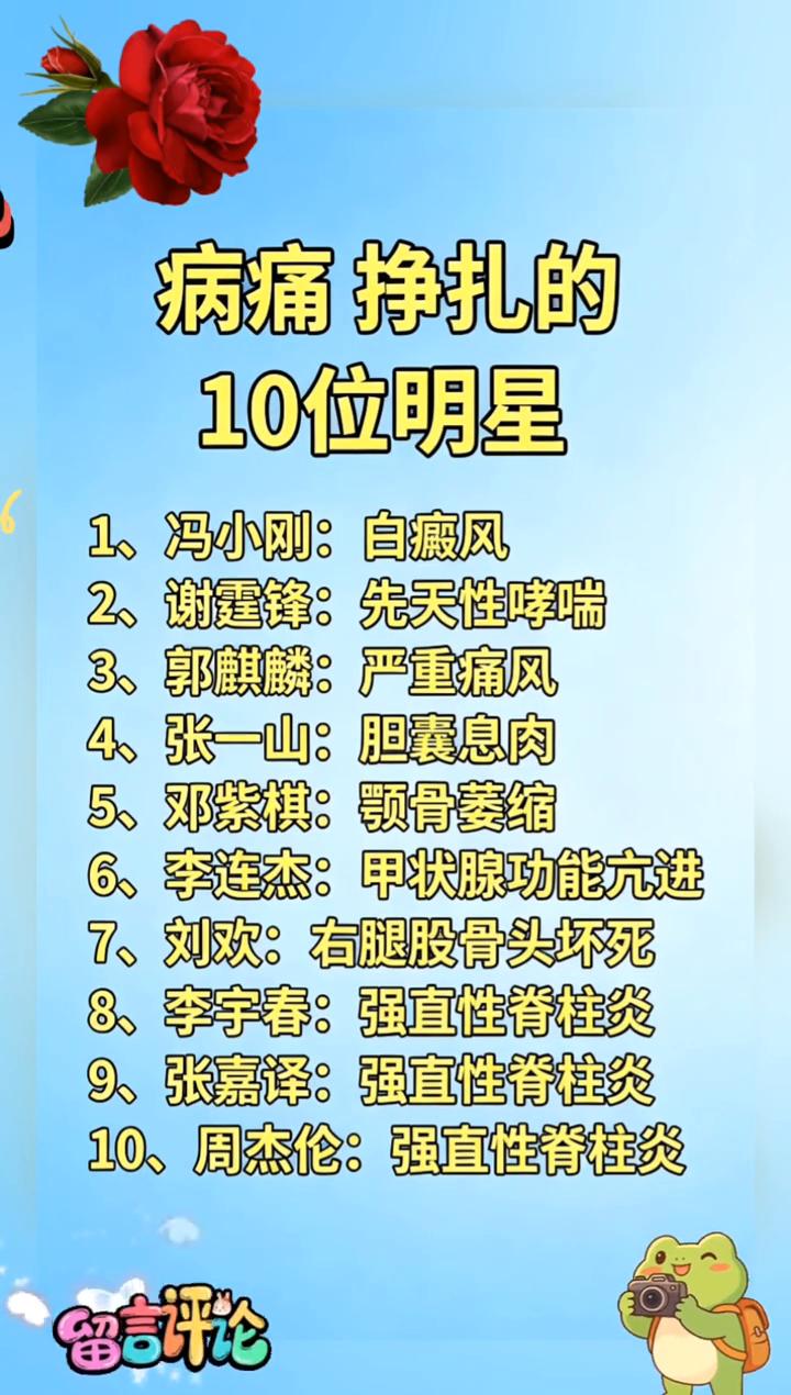 病痛挣扎的10位明星。·1、冯小刚：白癜风。·2、谢霆锋：先天性哮喘。·3