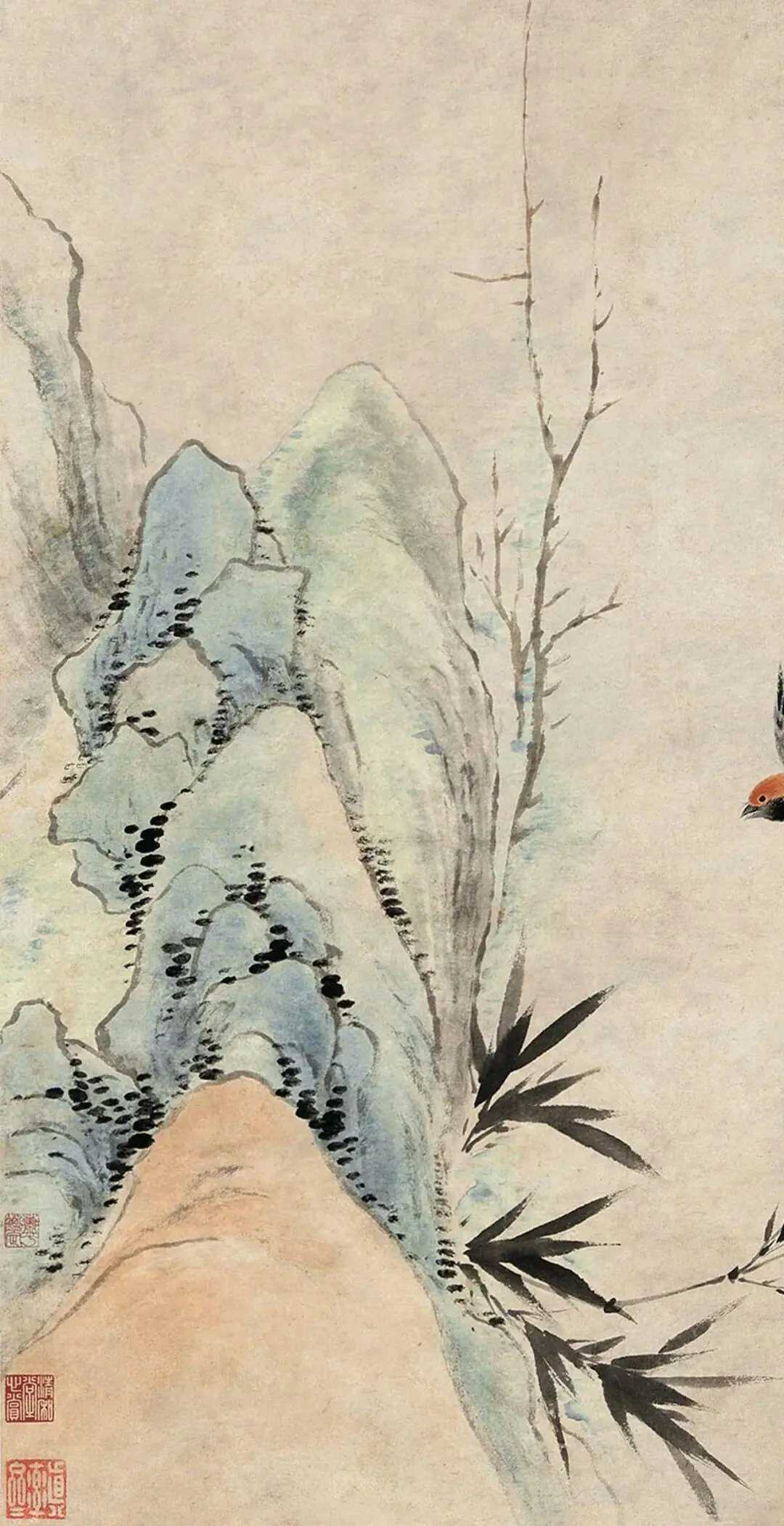 华喦《海棠弄春图》，纸本设色133×61cm。绘海棠一枝，横生斜出，花茂