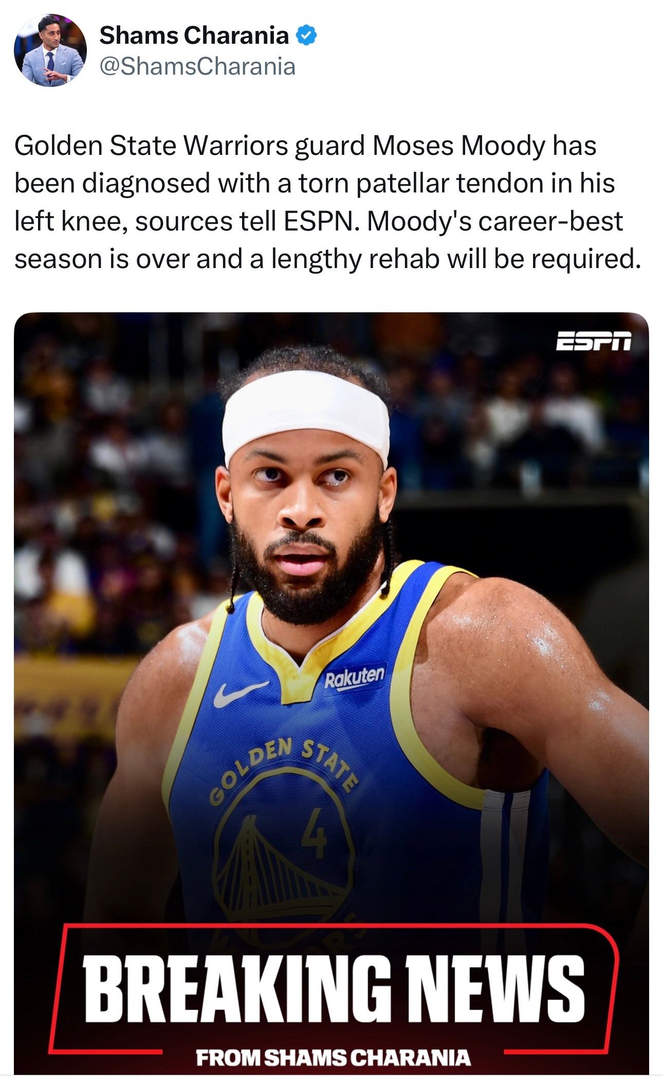 Shams：勇士球员穆迪经过核磁共振检查确诊为左膝髌腱断裂，赛季报销，并将进入漫