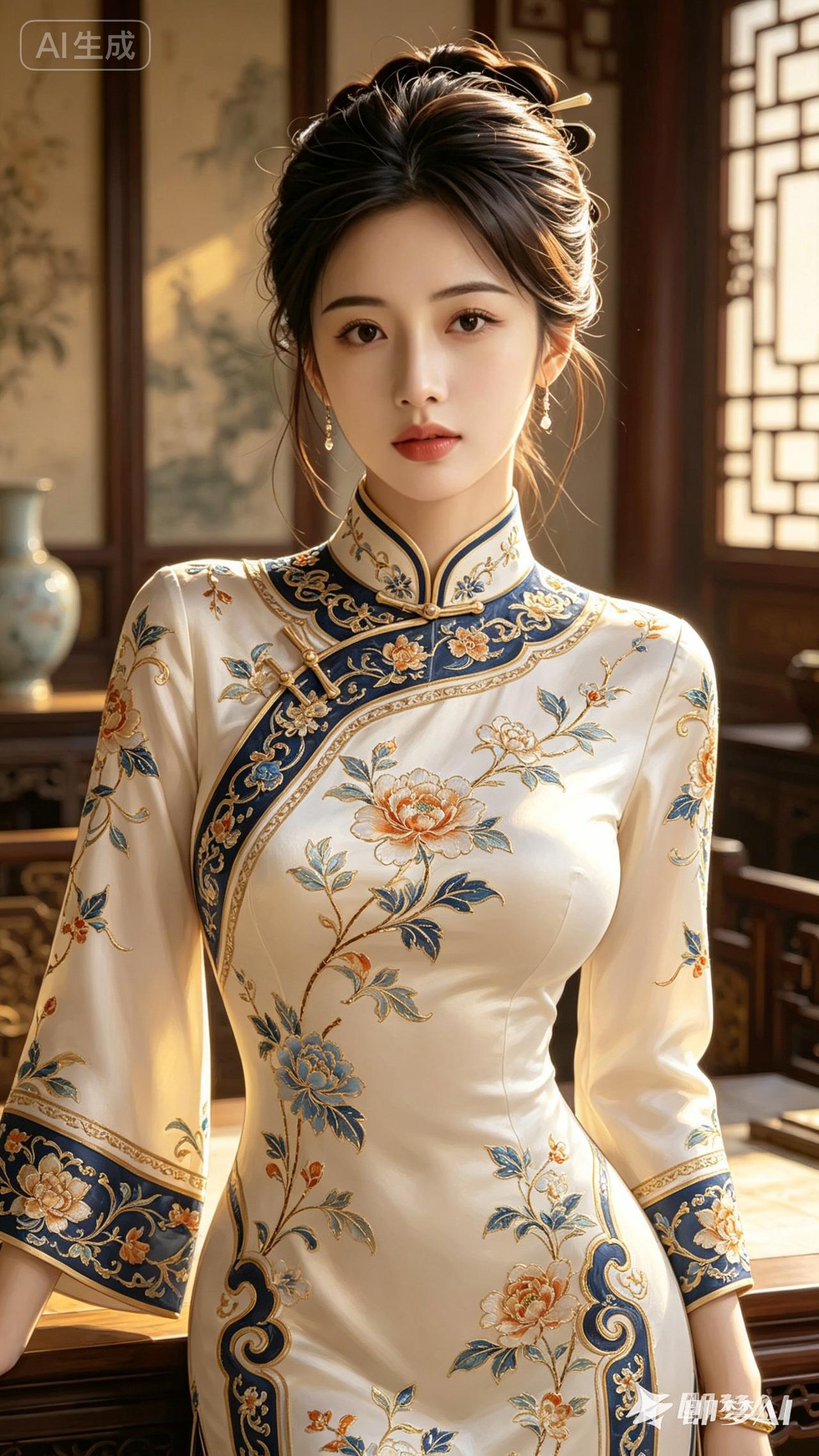 这姑娘穿着旗袍，好优雅啊！