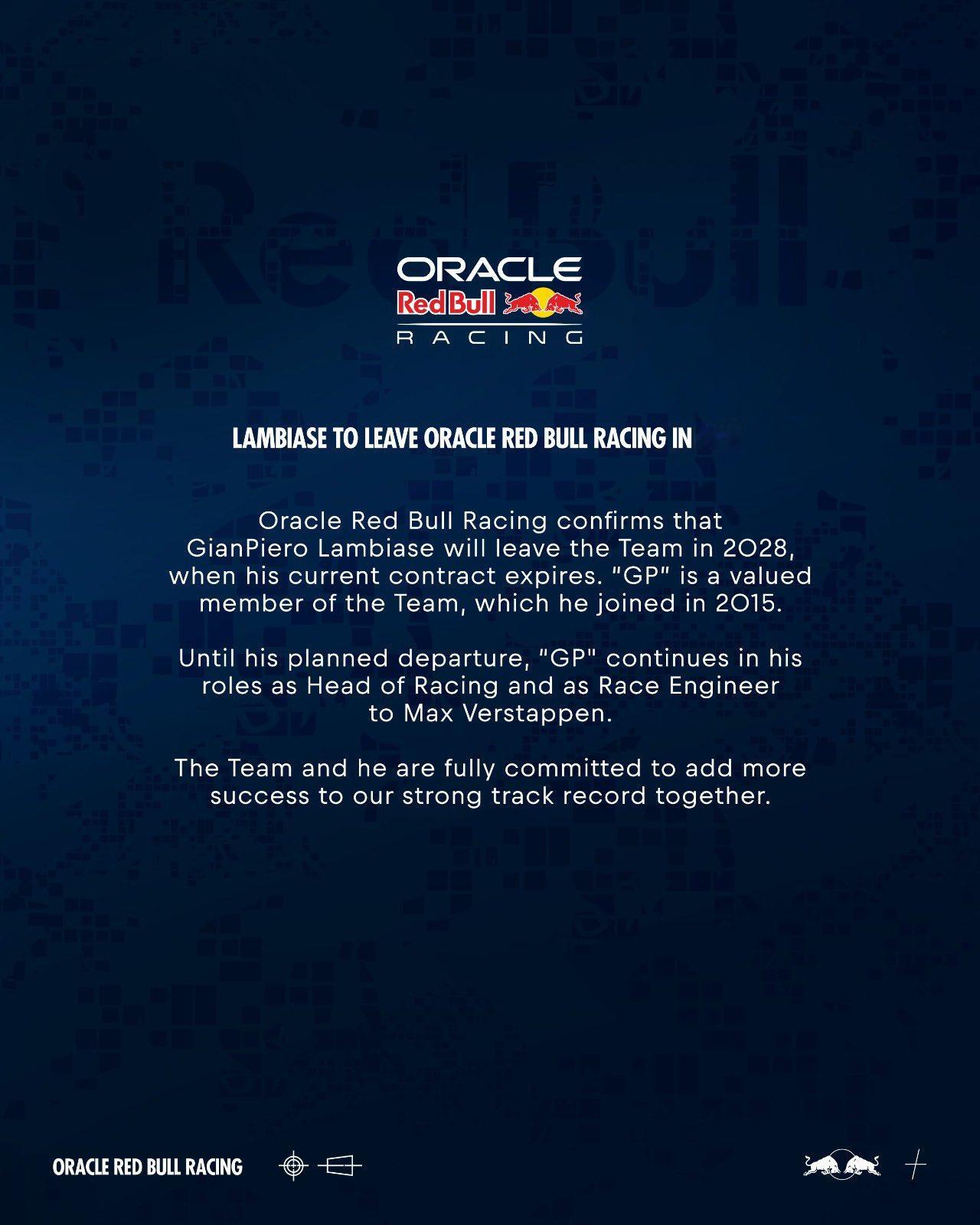 F1💥红牛车队官宣，GianpieroLambiase将在2028年离队！
