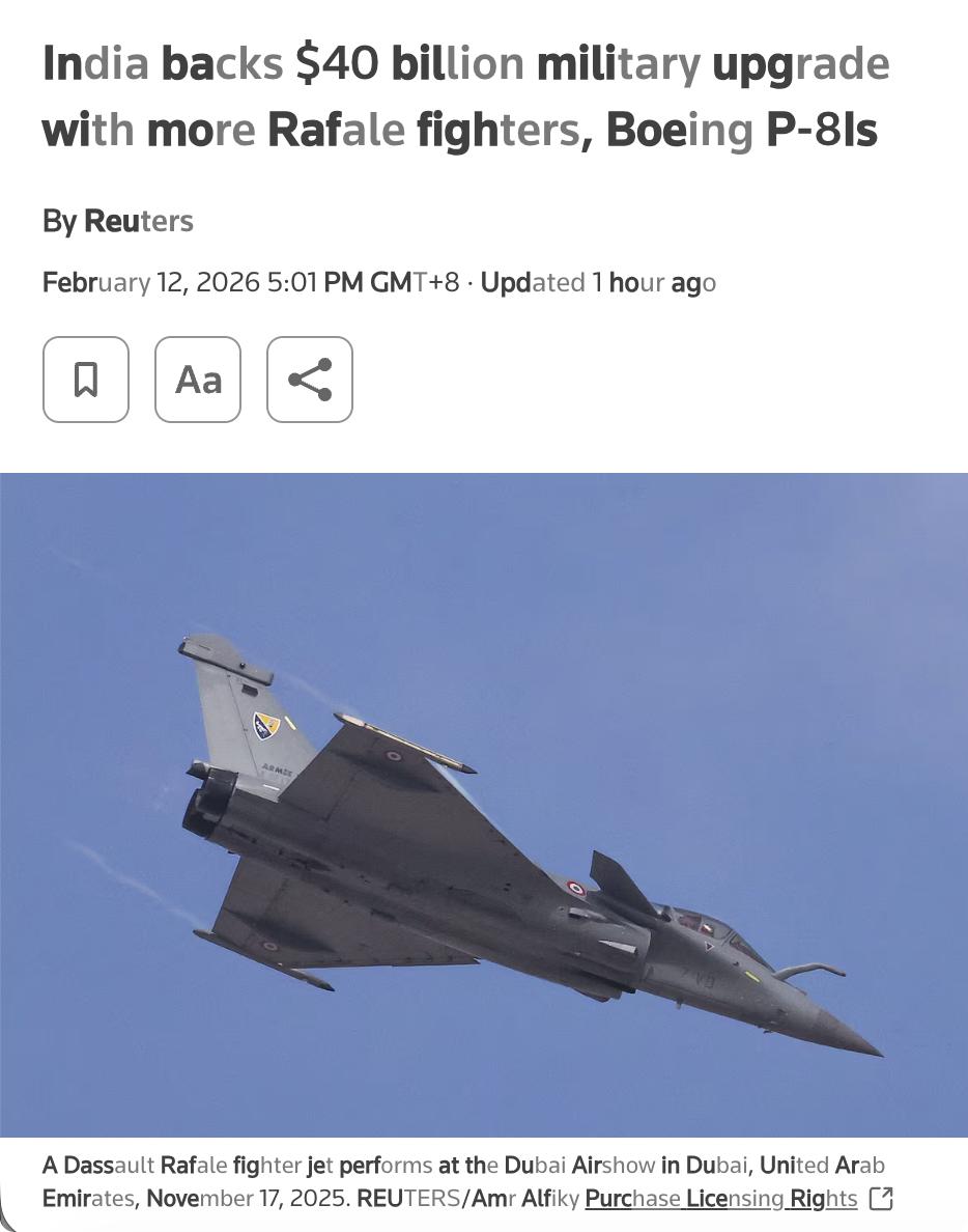 外媒：印度批准了一项价值约400亿美元的军事升级计划，包括采购更多“阵风”战斗机