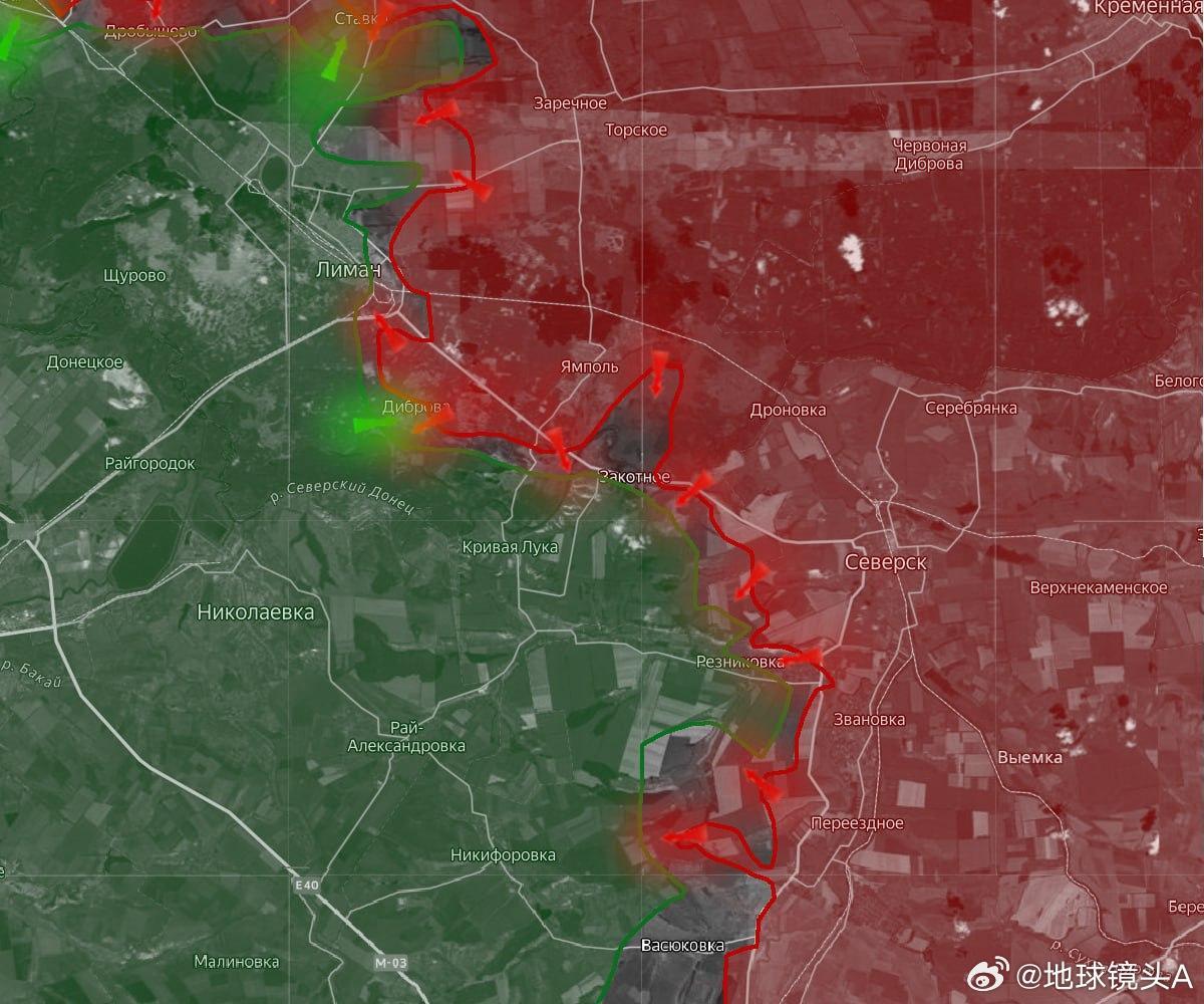 俄乌冲突在红利曼方向，乌军防御态势正在迅速恶化。俄军部队在塞韦尔斯克以南的两个
