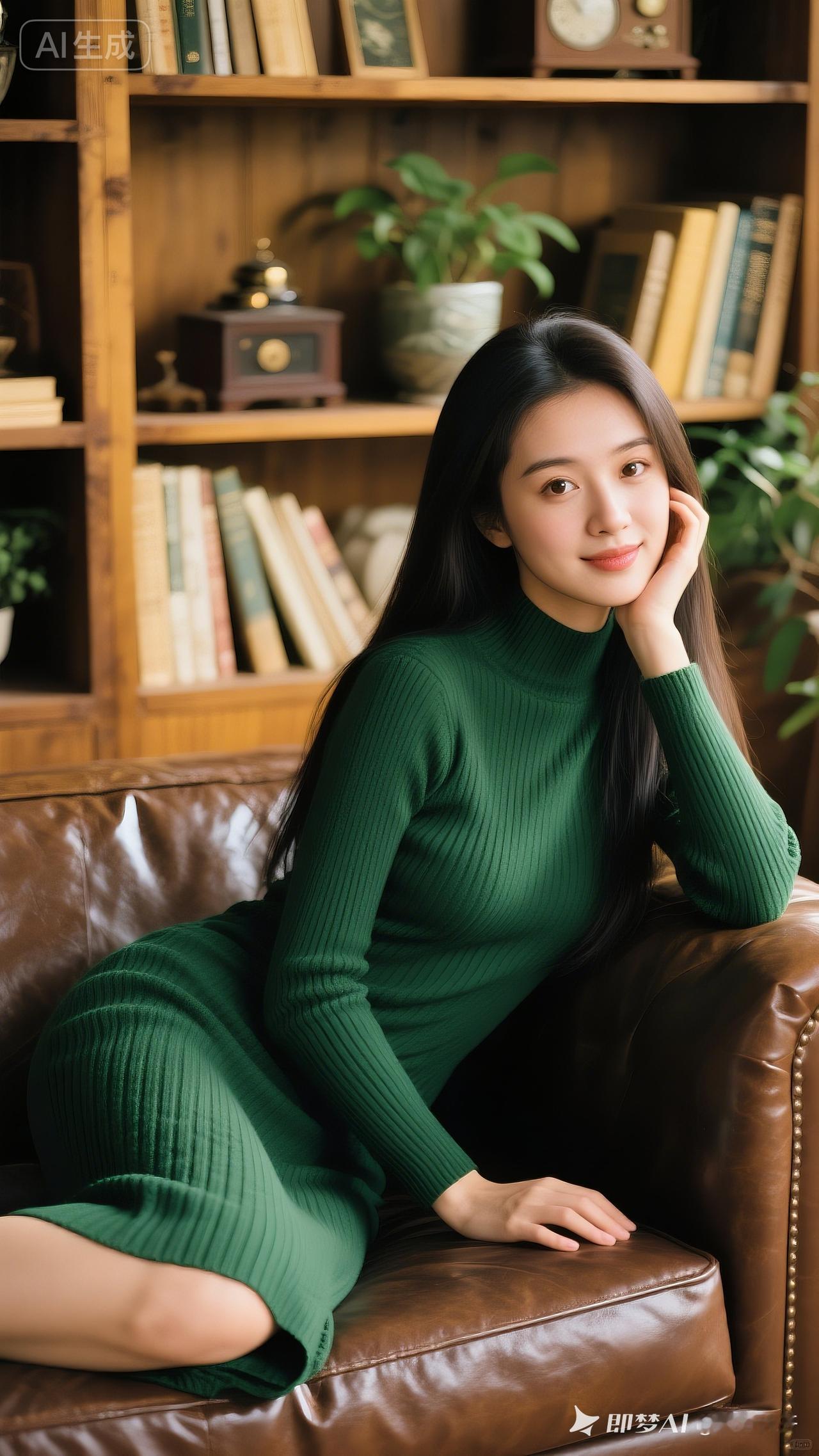 在复古书房中，优雅的绿裙女子，静谧时光的美好瞬间。