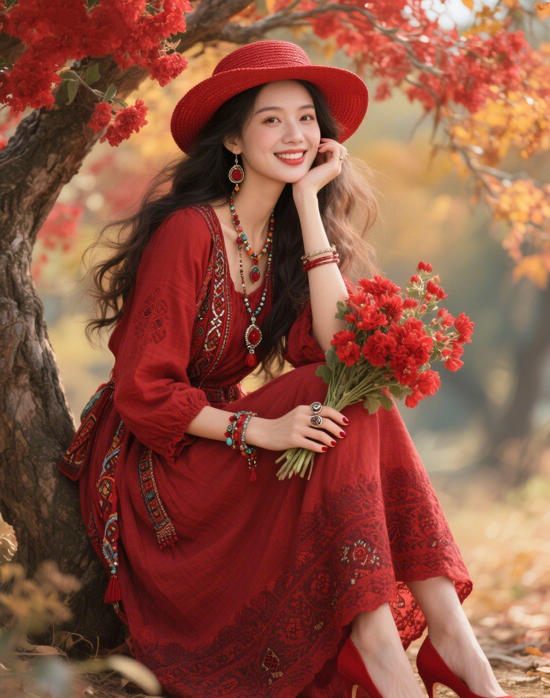 《红枫畔》丹枫叠影覆秋堤，红袂嫣然倚树西。笑靥凝霞花共艳，一襟秋色入