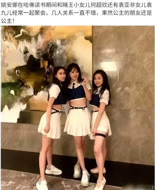 姚安娜、赌王何鸿燊女儿何超欣、南京首富袁亚非的女儿袁九儿；这是姚安娜在哈佛大学