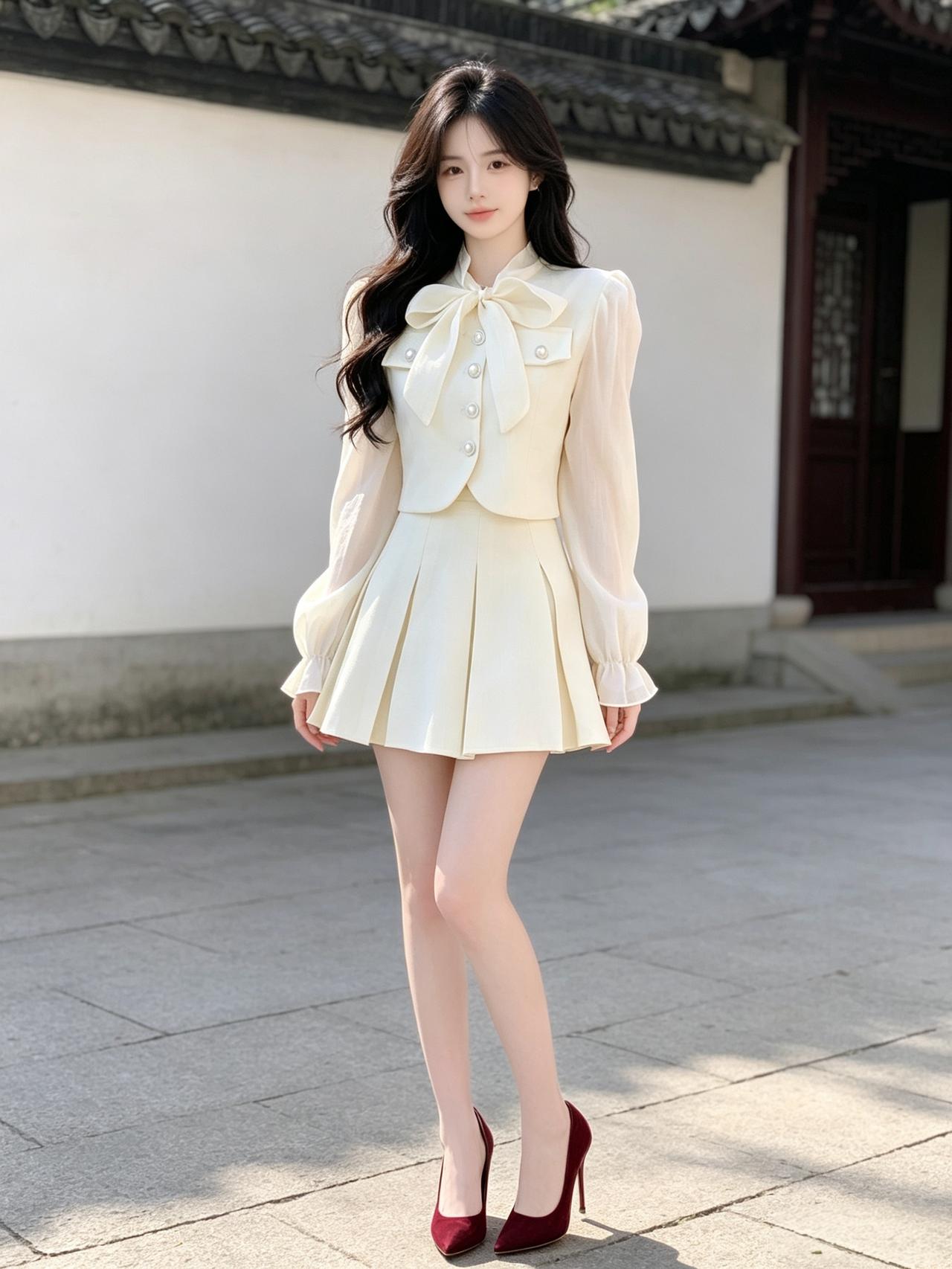女人怎样穿搭，更显气质奶黄蝴蝶结遇上红绒高跟鞋，在江南白墙下走出春日甜心步调，每