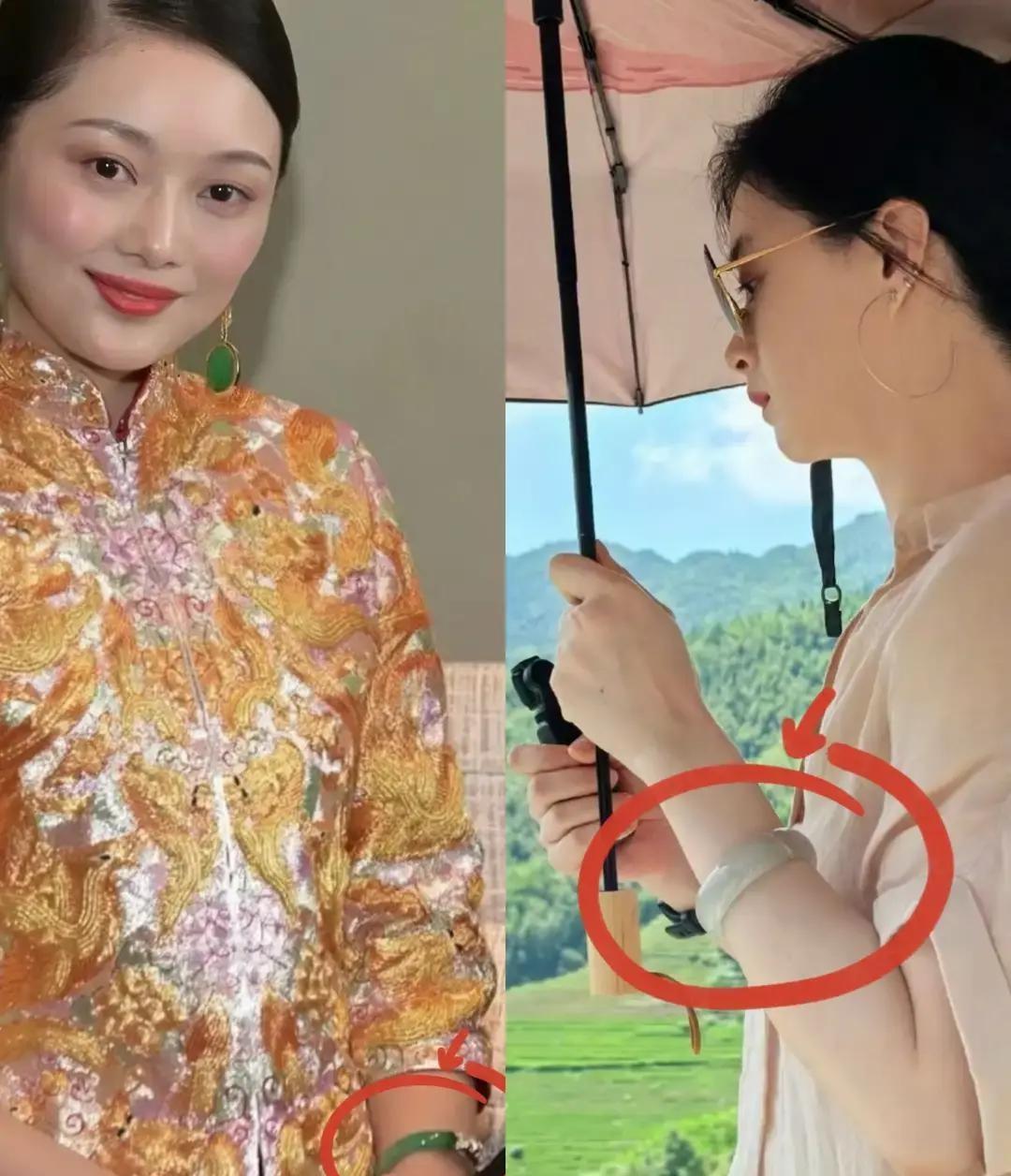 断裂的翡翠手镯，金线像血管一样缠绕。蒋欣戴着它亮相，全网炸了。玻璃种，传值百