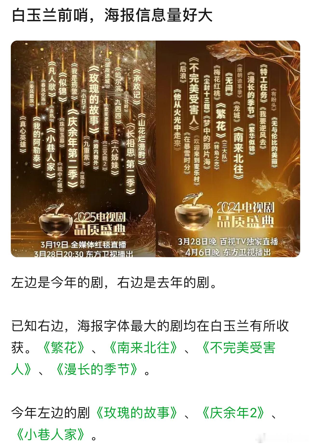 今年白玉兰前哨海报字体最大的剧《玫瑰的故事》、《庆余年2》、《小巷人家》​​​