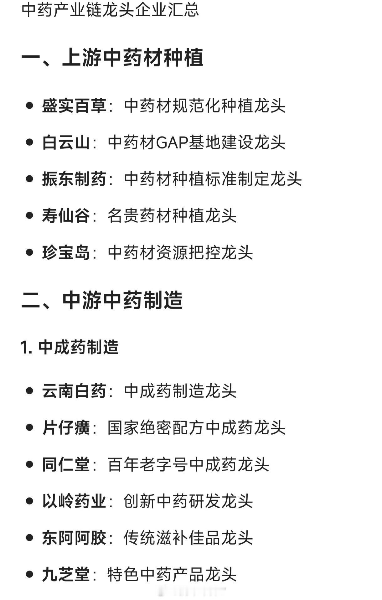 中药产业链龙头企业汇总一、上游中药材种植盛实百草：中药材规范化种植龙头白云山：中