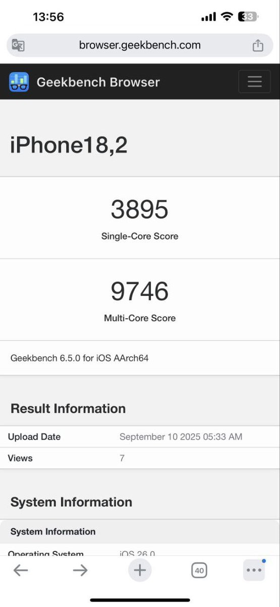 iPhone17Pro跑分单核跑分为3895分，多核跑分为9746分，有史以
