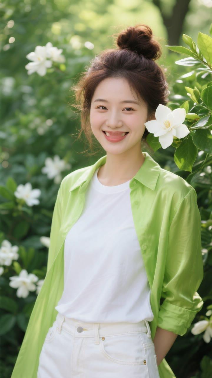 阳光明媚的午后，绿意盎然的花园里，笑容甜美的她，宛如一朵盛开的花儿。🌸🌞