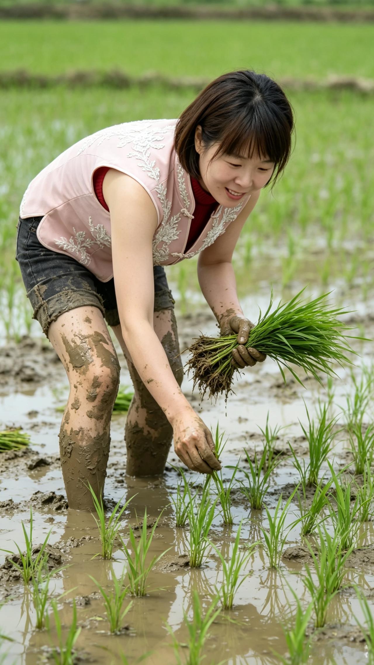 1. 往日衣着精致体面，躬身下田插秧沾泥，踏实劳作自有别样光彩