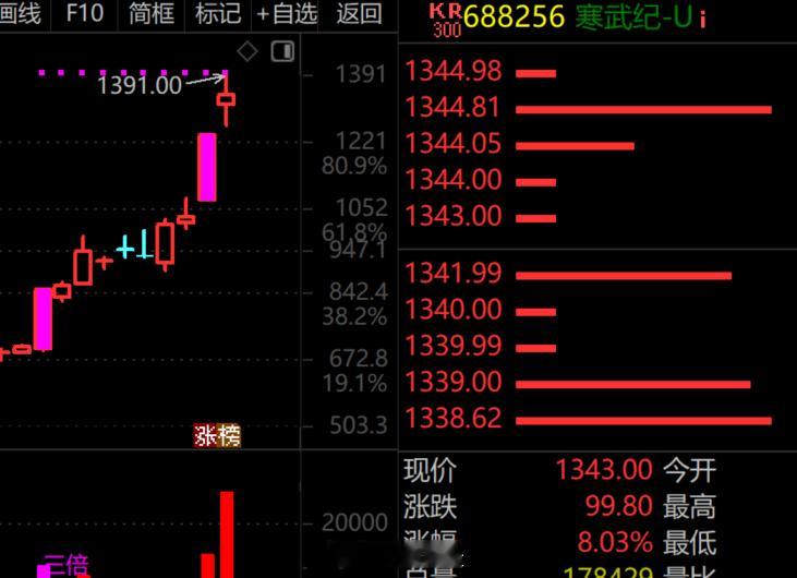 寒武纪高开超6%股价突破1300元寒武纪争夺第一名失败！从超过茅台股价会到顶的