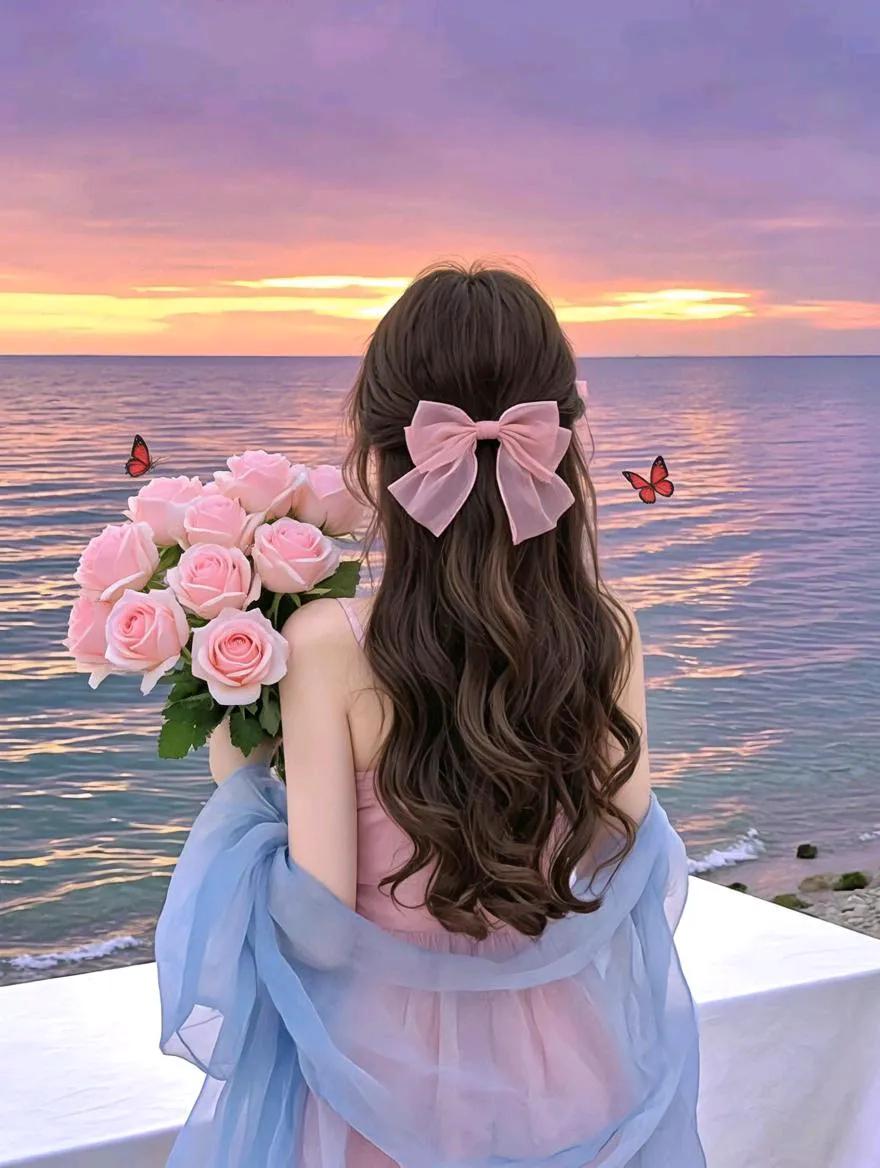 落日余晖映海面少女手捧玫瑰归粉色浪漫沙滩日落夕阳公主裙浪漫穿搭