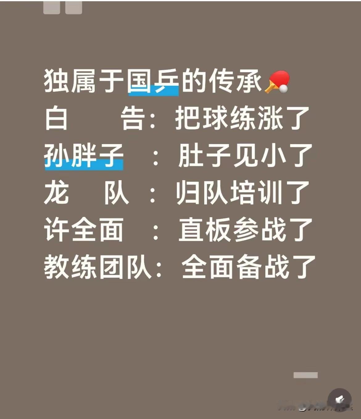 独属于国乒的浪漫传承:孙逊:肚子变小了，图二王皓:把球练涨了，图六，图七龙