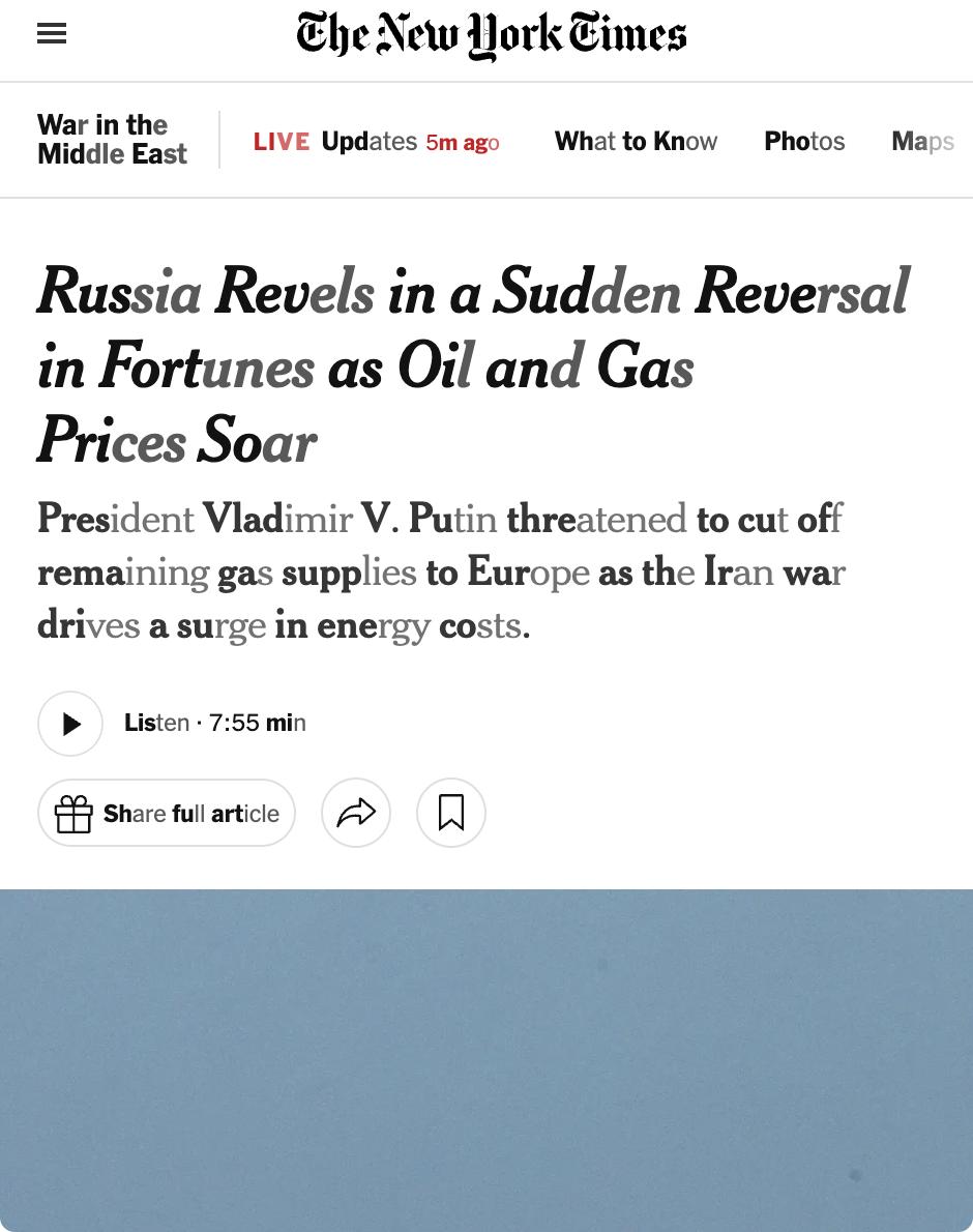 美媒：伊朗战争导致中东能源生产和运输中断，全球油气价格飙升，俄罗斯能源出口地位意