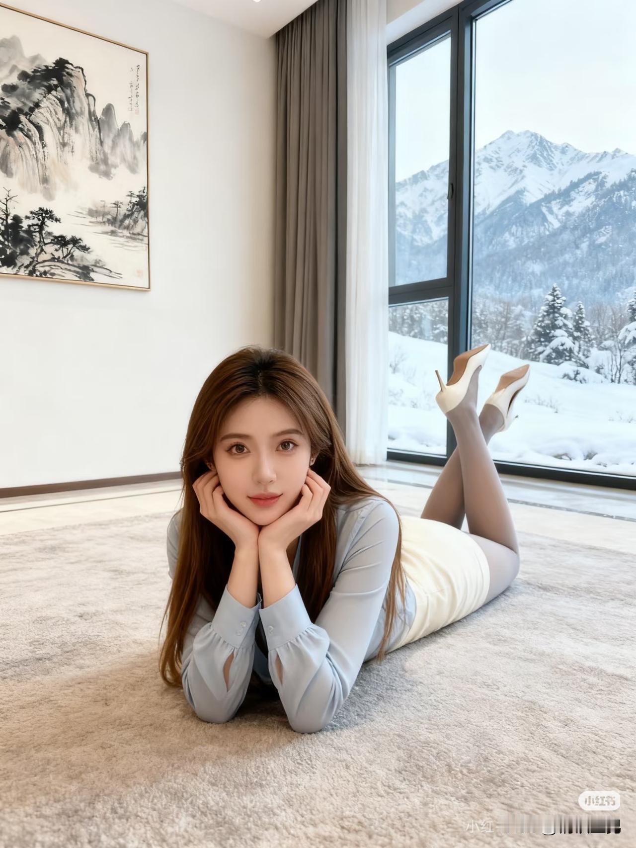 关注我，持续更新美图！冬日暖阳下，雪景中的优雅美人初冬雪景写真雪夜女神照冬