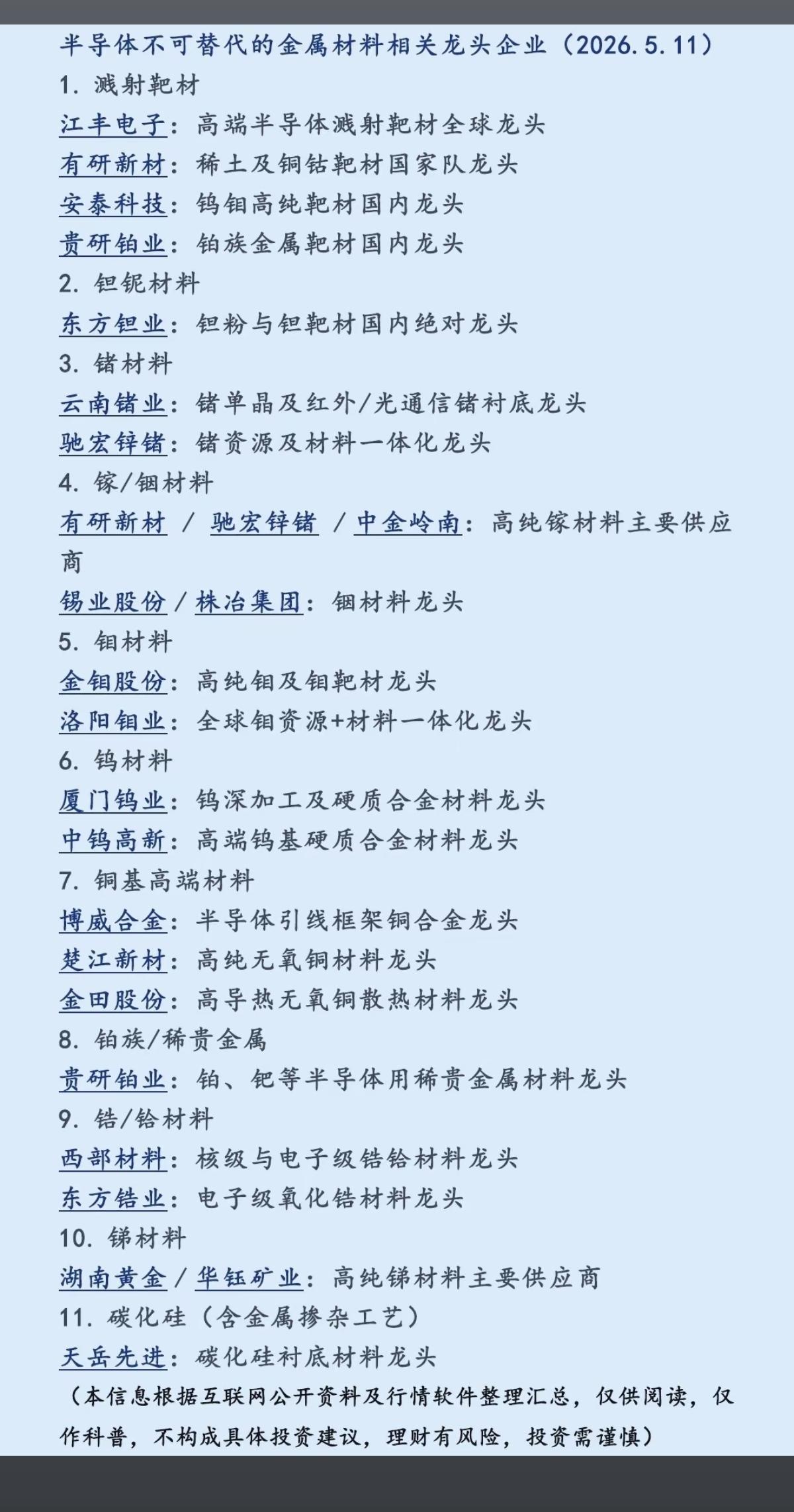 半导体不可替代的：11种金属材料！（收藏版）相关核心龙头关联股整理！半导体