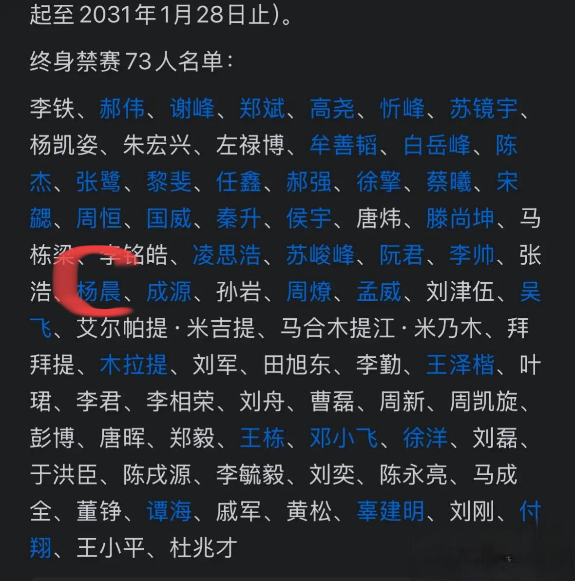 足协公布73人禁足名单，李铁，郝伟，谢峰领衔，杨晨有些意外。足协公布73人禁足