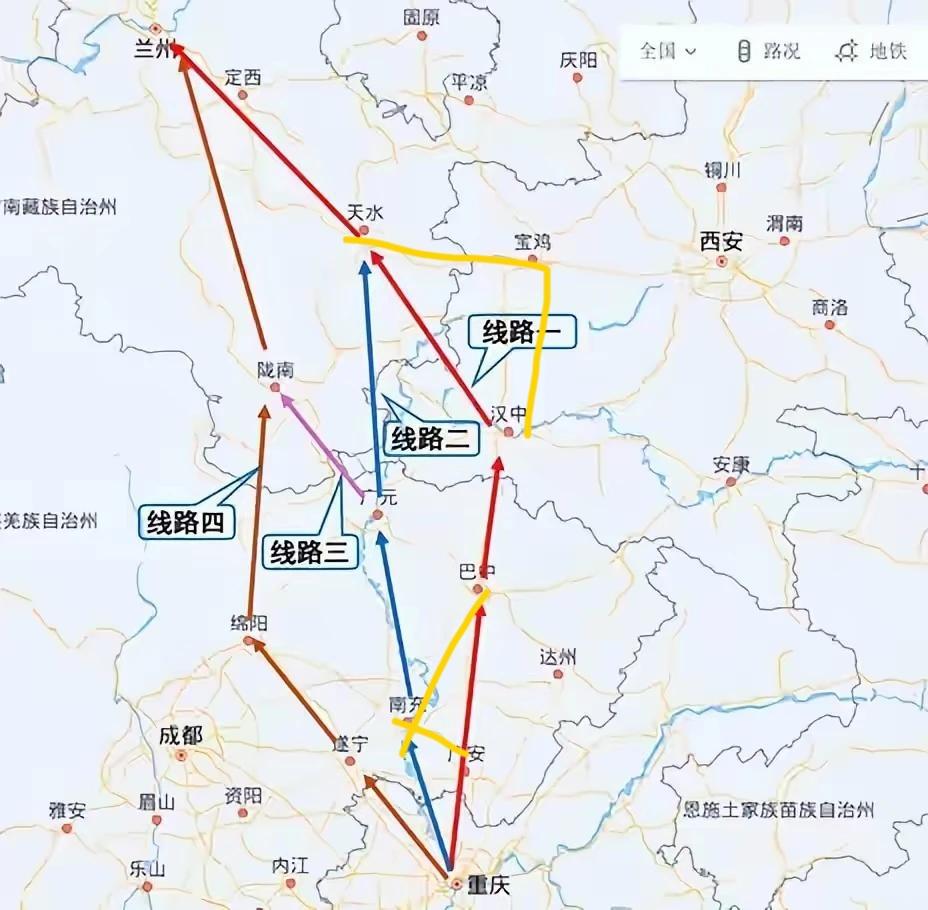 不考虑其他修建因素，图中黄色线路是最容易实现的线路了，兰州至宝鸡已经通车，巴中至