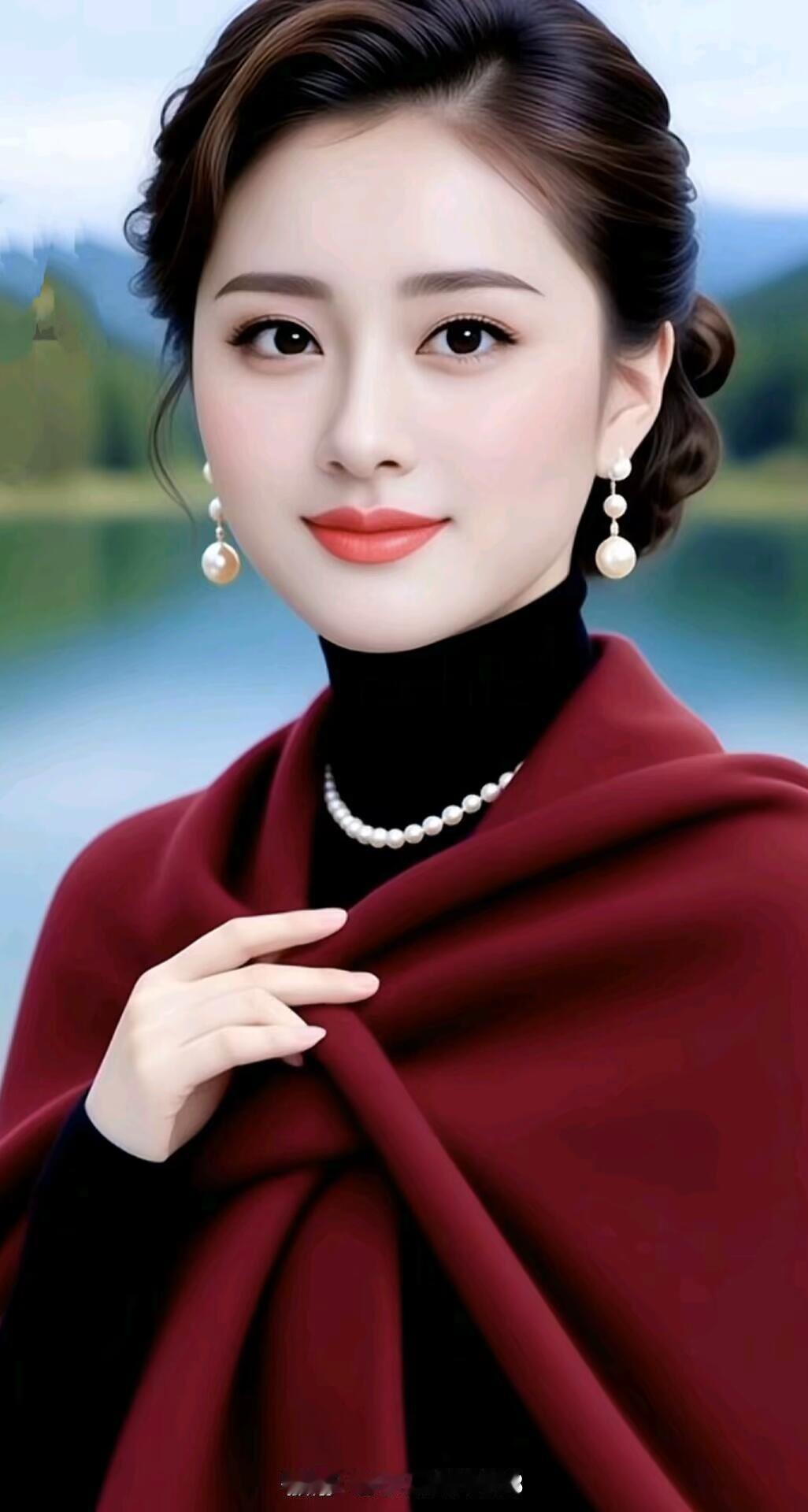 优雅红衣美人，珍珠点缀，气质非凡