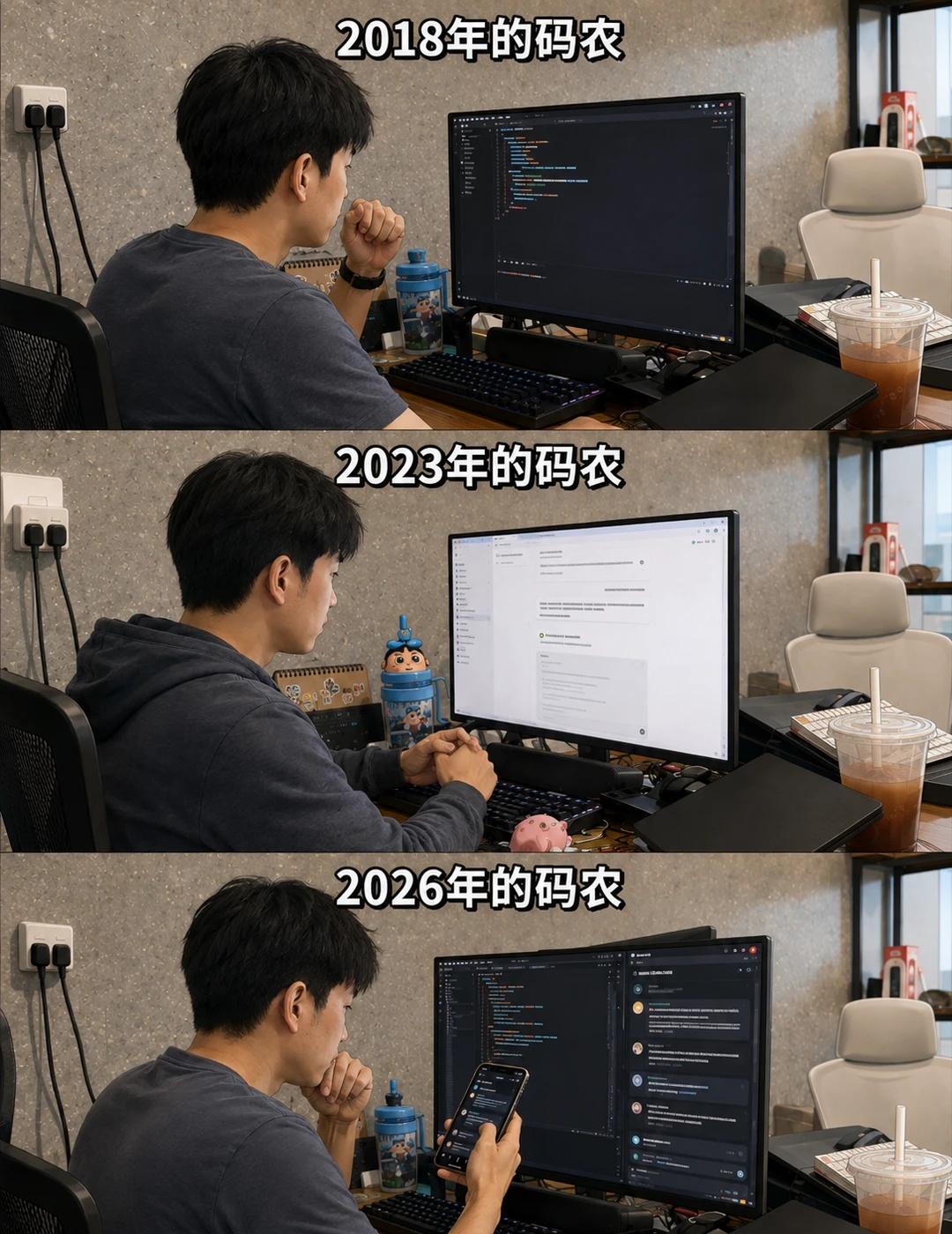 码农进化史：从自己搬砖，到指挥AI搬砖这张图，越看越像真的。2018年