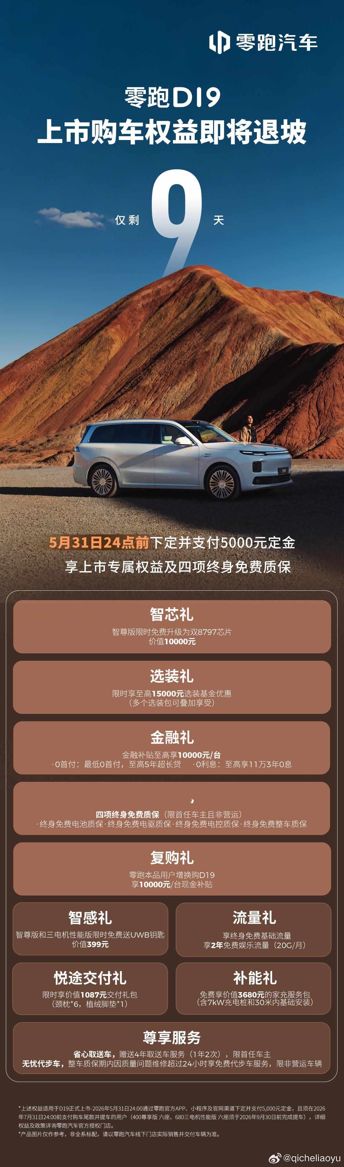 零跑D19上市权益仅剩9天5月31日24点前完成下定，享免费升级双8797、1