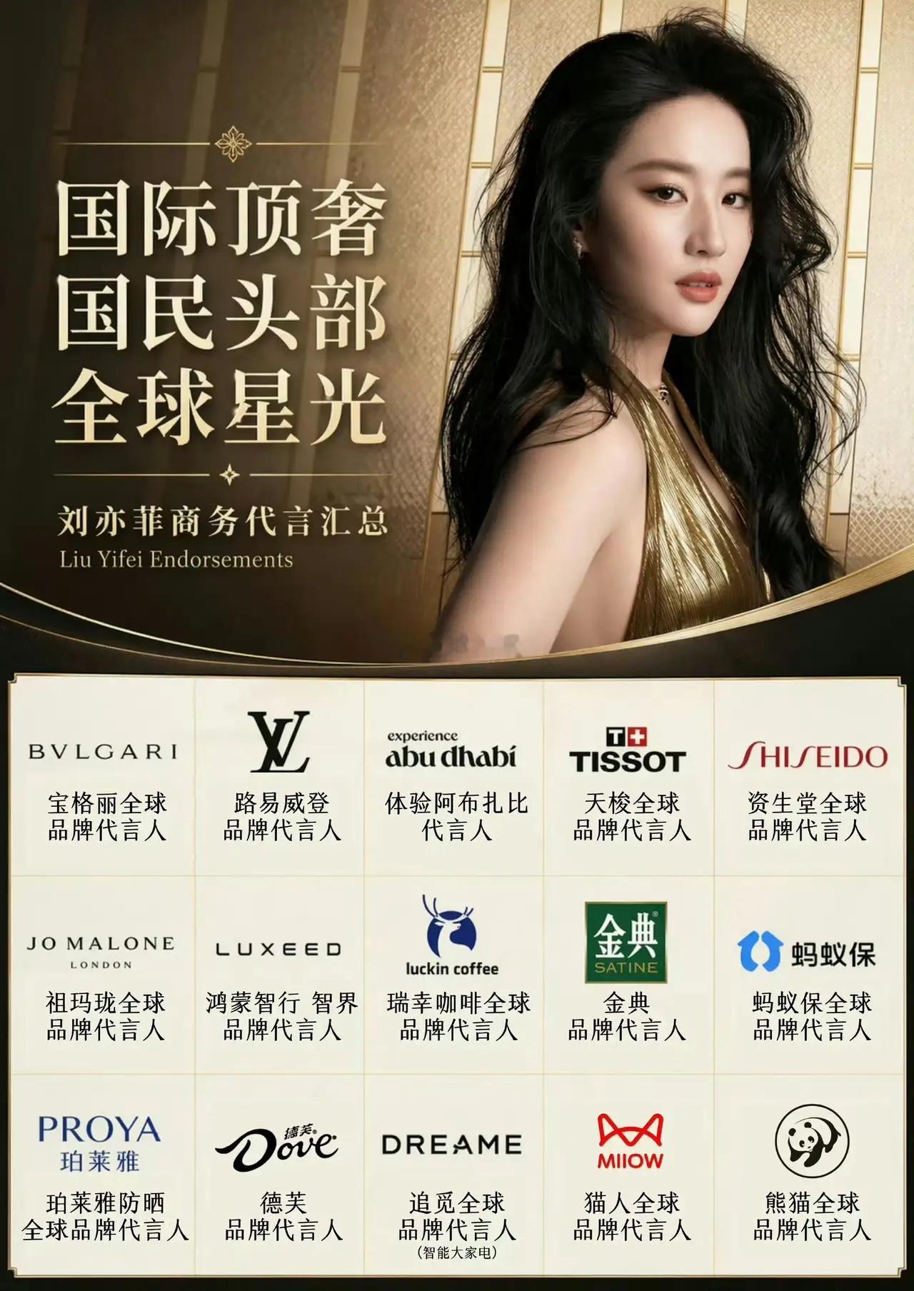 刘亦菲的商务汇总，再加一个芭比布朗一共16个，含金量最高的不是宝格丽LV，而是