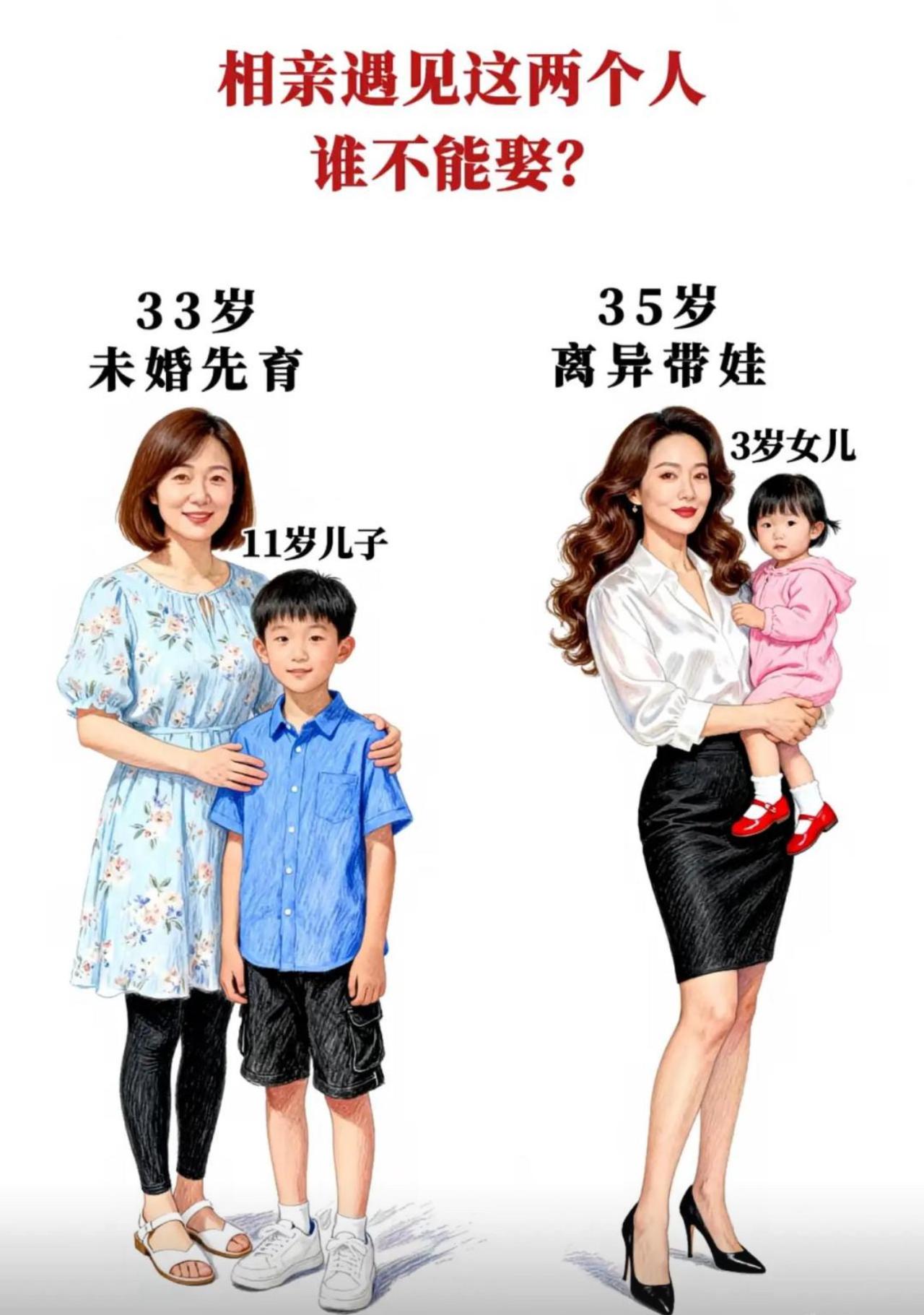 相亲碰到两位女士，一个三十三岁未婚，带着十一岁的男孩；另一位三十五岁离异，身边三