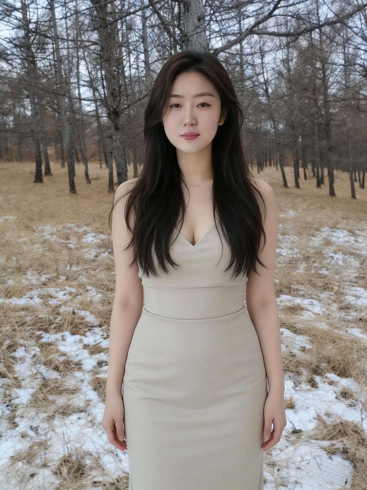 冬林余雪在，裙角带春温。一笑风初软，寒枝欲破痕。